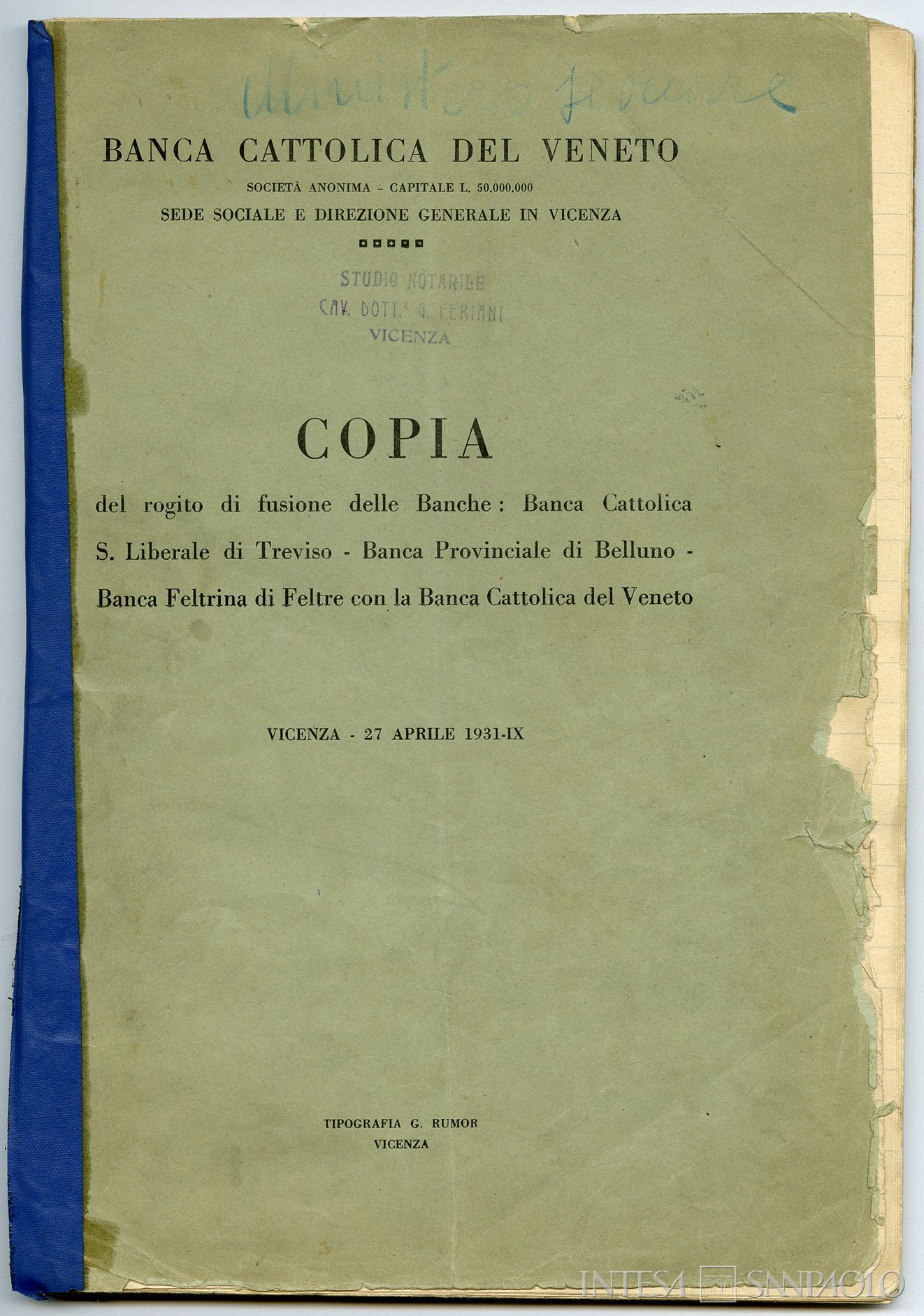 Banca Feltrina, copia del rogito di fusione dell'Istituto con la Banca Cattolica del Veneto, 27 aprile 1931