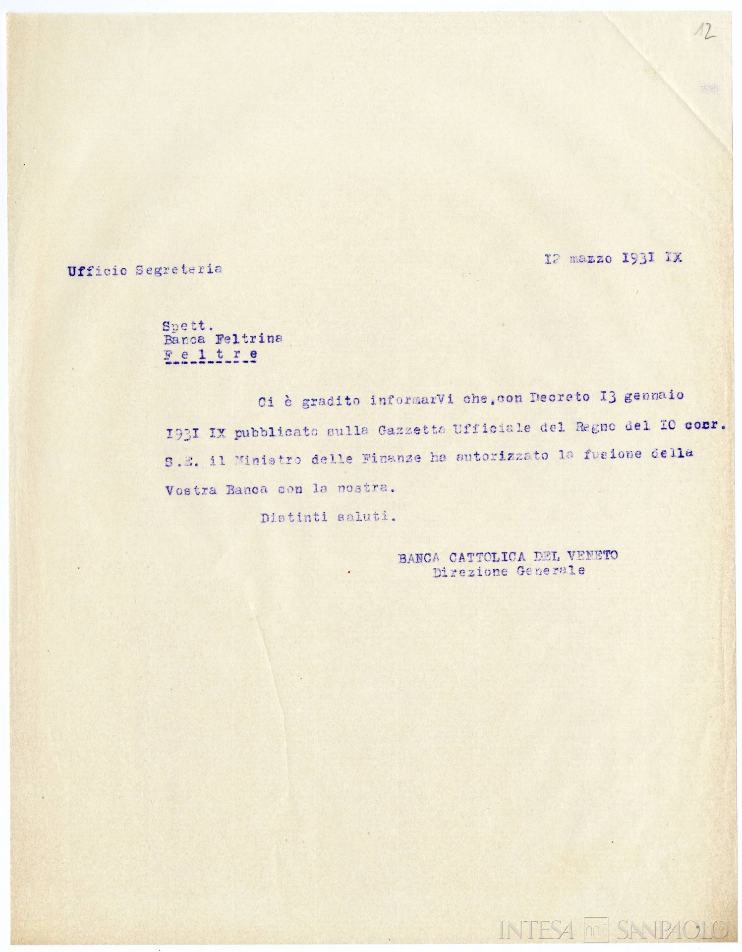 Banca Feltrina, missiva proveniente dalla Banca Cattolica del Veneto relativa all'autorizzazione alla fusione rilasciata dal Ministro delle Finanze, 12 marzo 1931