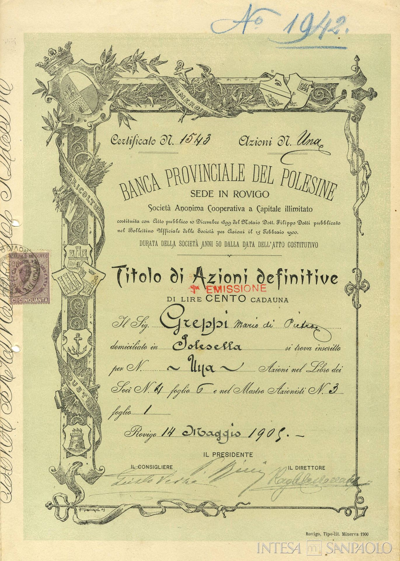 Banca Provinciale del Polesine, titolo azionario, 1905