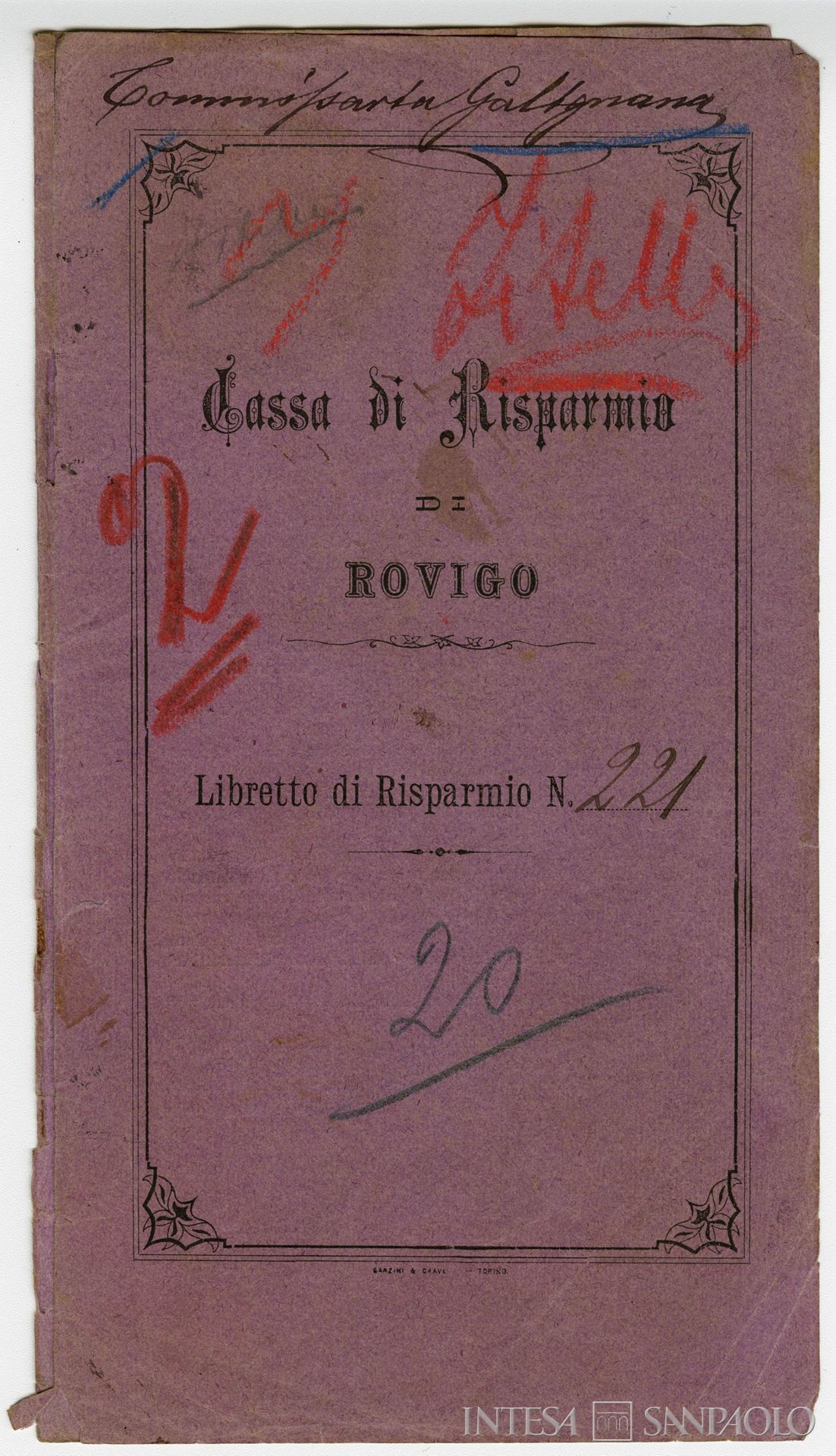 Cassa di Risparmio di Rovigo, copertina di un libretto di risparmio, 1889