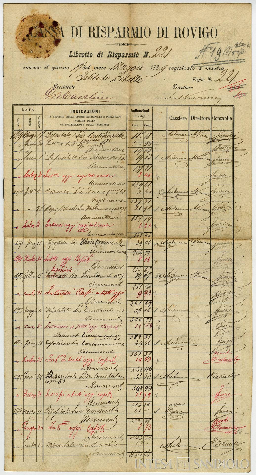 Cassa di Risparmio di Rovigo, libretto di risparmio, fogli interni, 1889