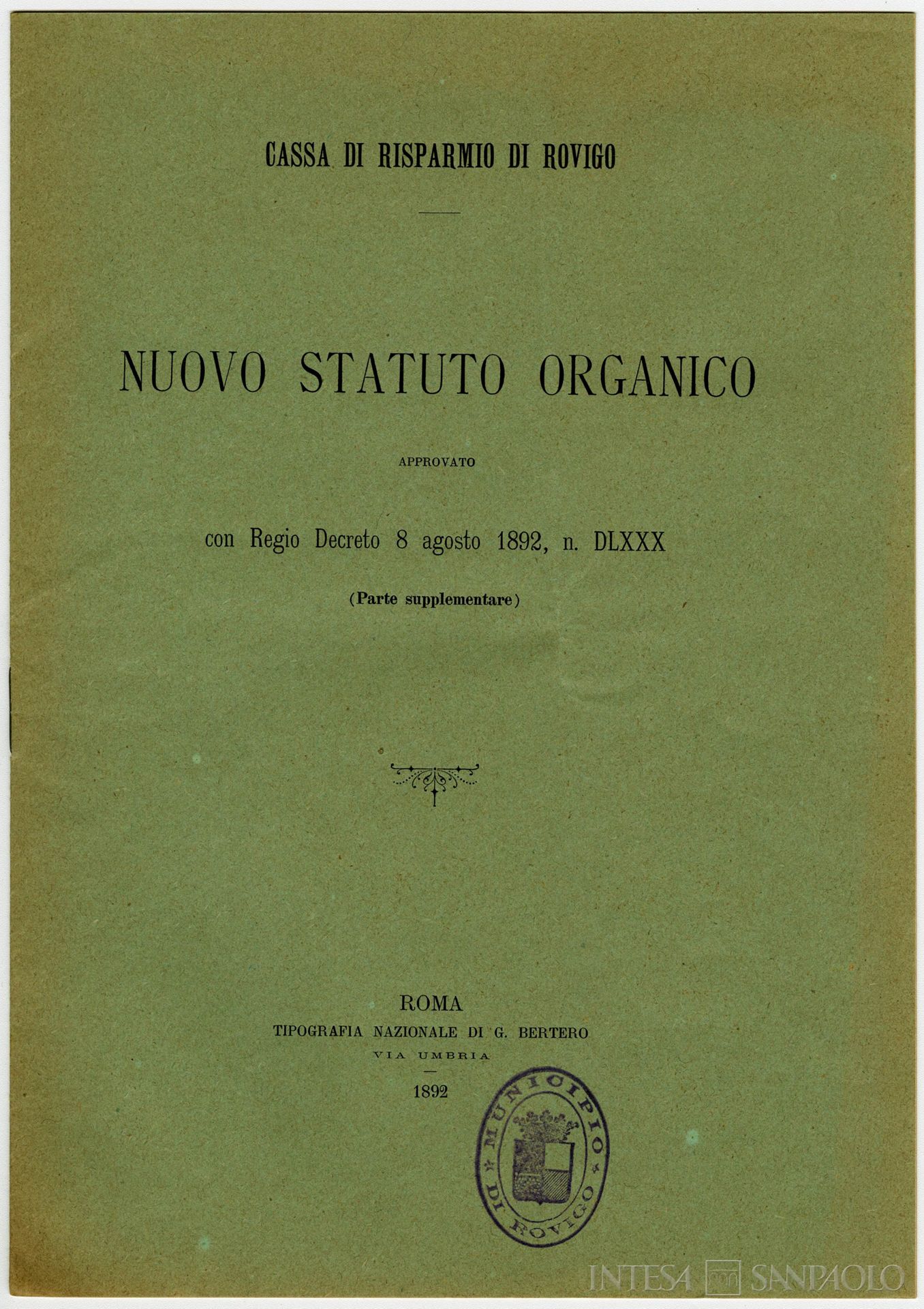Cassa di Risparmio di Rovigo, frontespizio del nuovo statuto organico, 1892