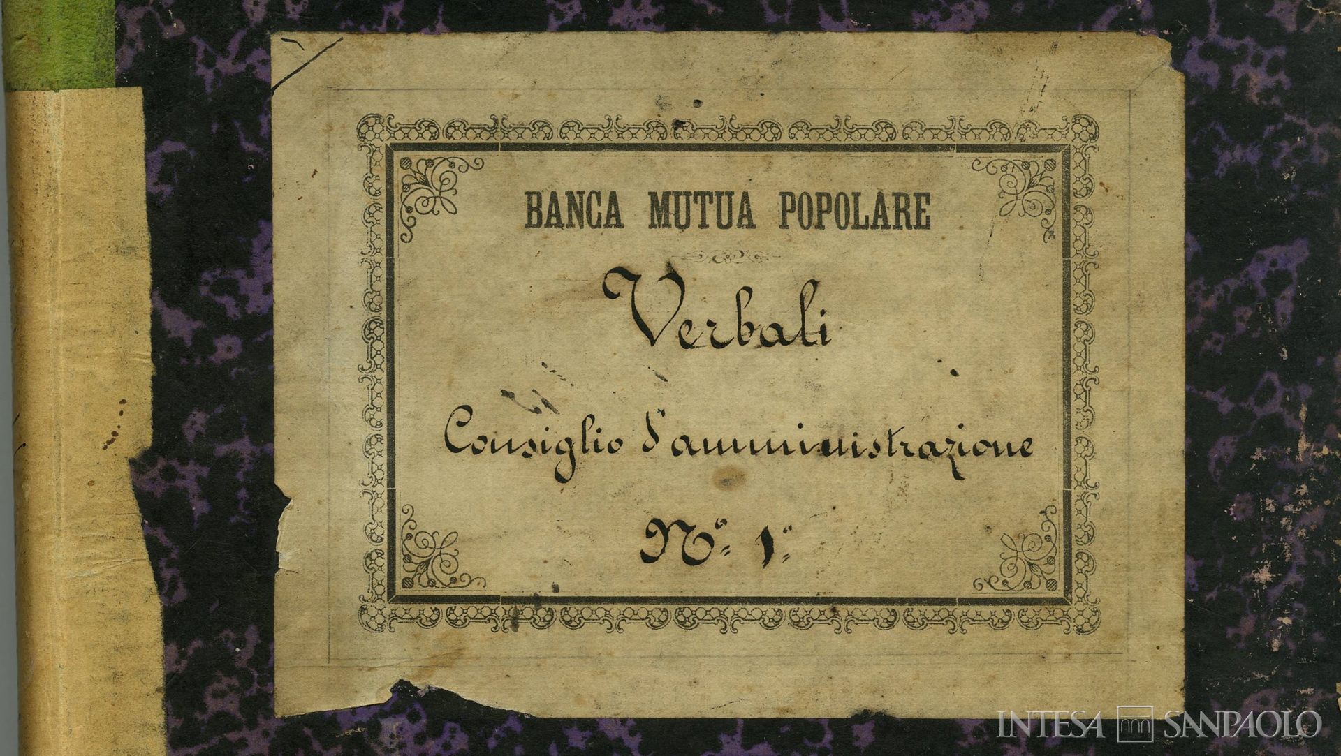 Banca Mutua Popolare, dettaglio del frontespizio del libro dei Verbali del Consiglio di Amministrazione, 1883-1885