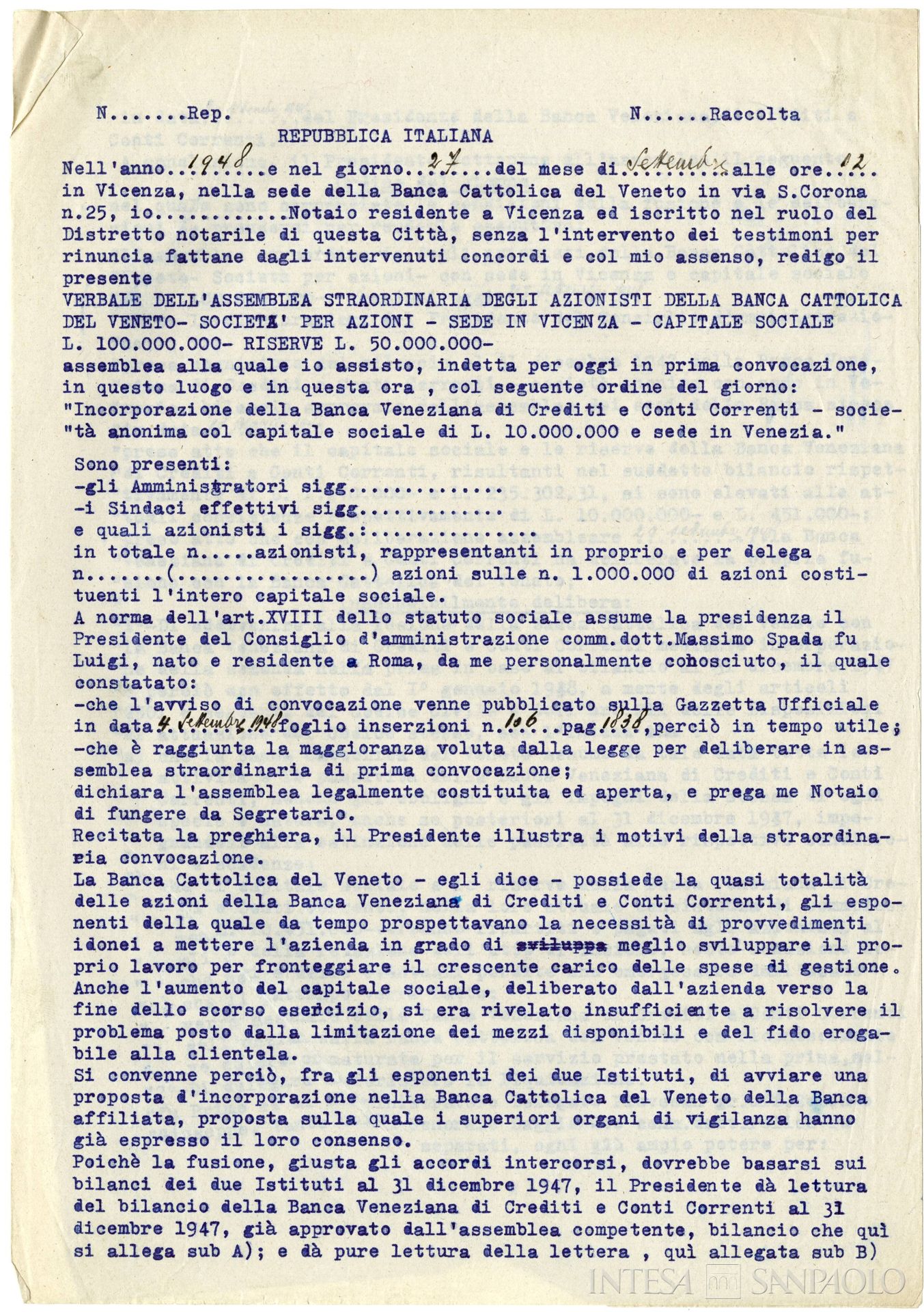 Banca Veneziana di Crediti e Conti Correnti, pagina estratta dai Verbali del Consiglio di Amministrazione della Banca Cattolica del Veneto dove si propone l'incorporazione dell'istituto, 27 settembre 1948
