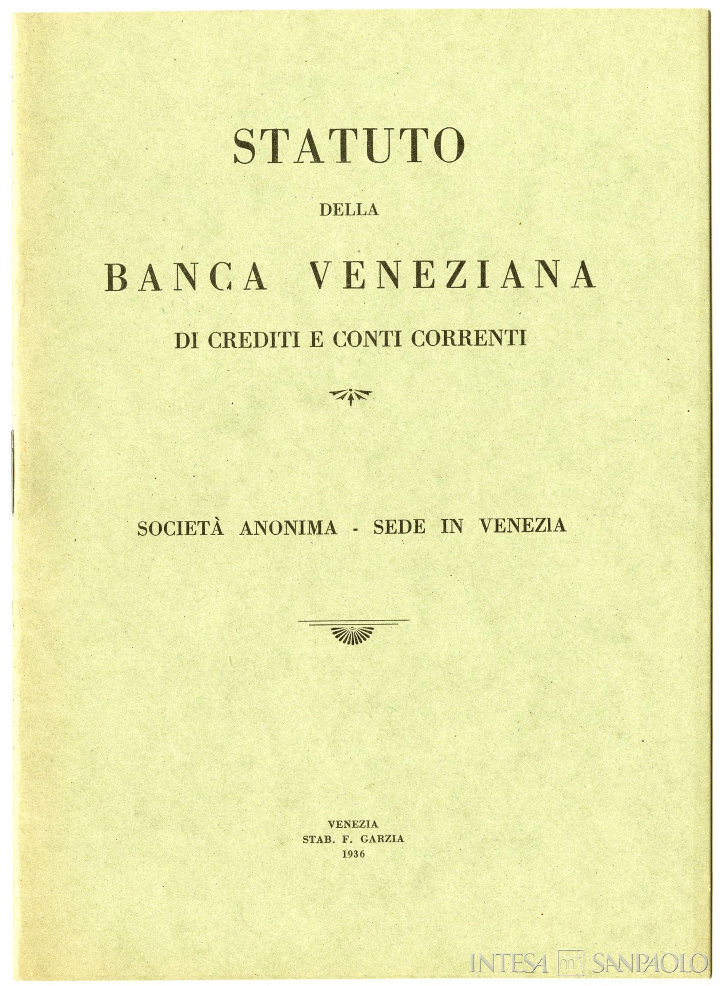 Banca Veneziana di Crediti e Conti Correnti, frontespizio dello statuto, 1936