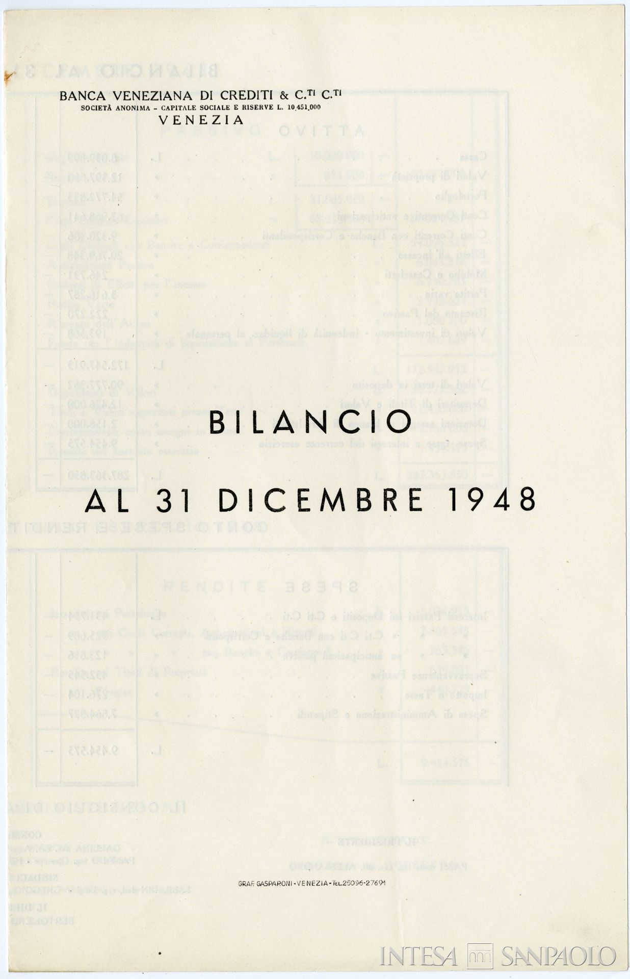 Banca Veneziana di Crediti e Conti Correnti, frontespizio del bilancio 1948