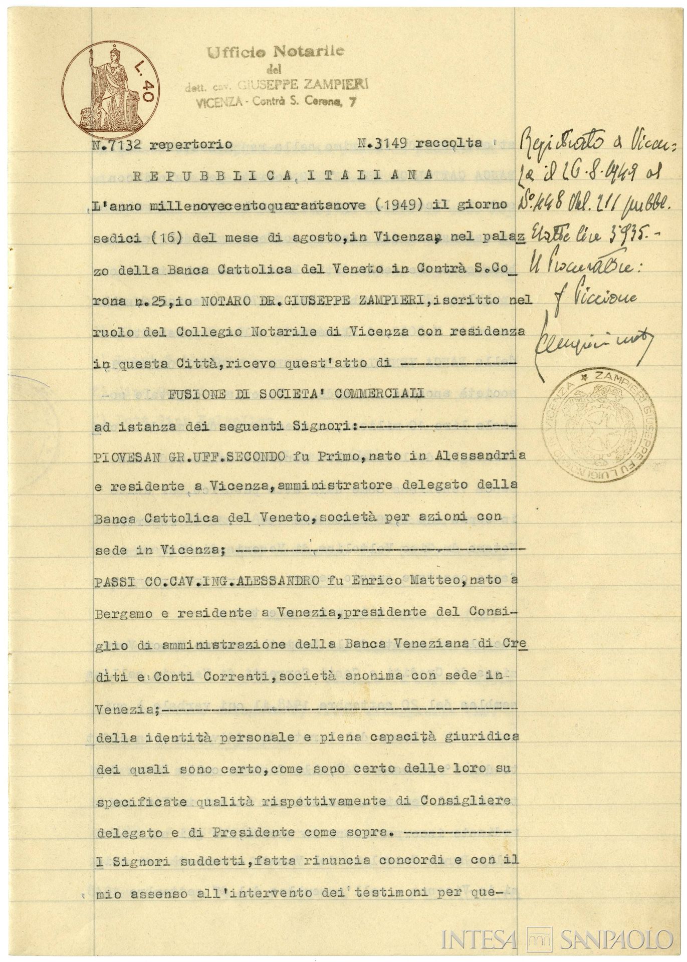Banca Veneziana di Crediti e Conti Correnti, pagina estratta dall'atto di fusione fra l'istituto e la Banca Cattolica del Veneto, 16 agosto 1949