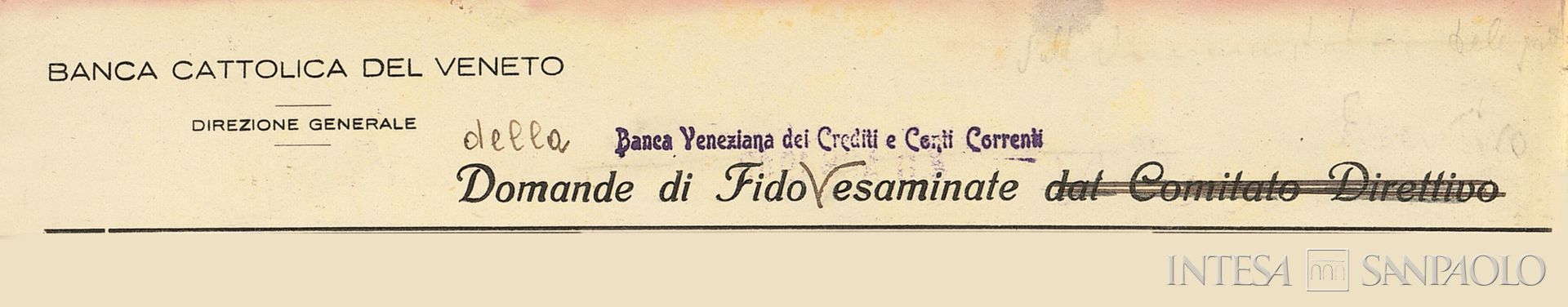 Banca Veneziana di Crediti e Conti Correnti, intestazione della carta da lettere della Banca Veneziana di Crediti e Conti Correnti, poi Banca Cattolica del Veneto, 1934 circa.