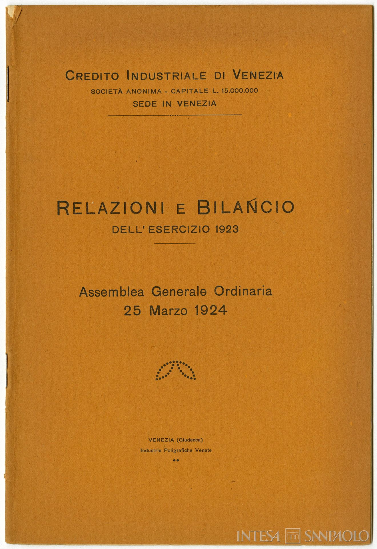 Credito Industriale di Venezia, frontespizio della Relazioni e bilancio dell'esercizio 1923 presentato all'Assemblea Generale Ordinaria del 25 marzo 1924