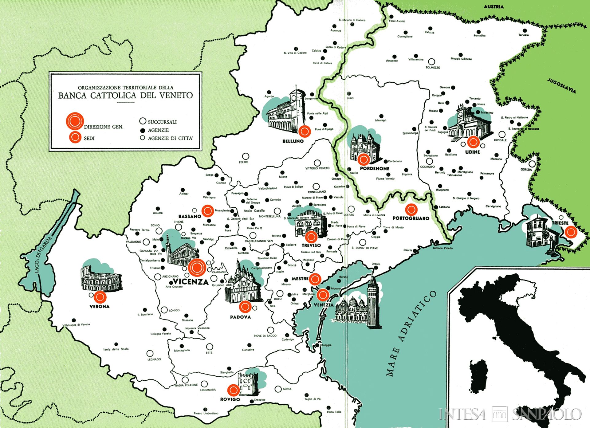 Banca Cattolica del Veneto, schema della rete territoriale al 1972
