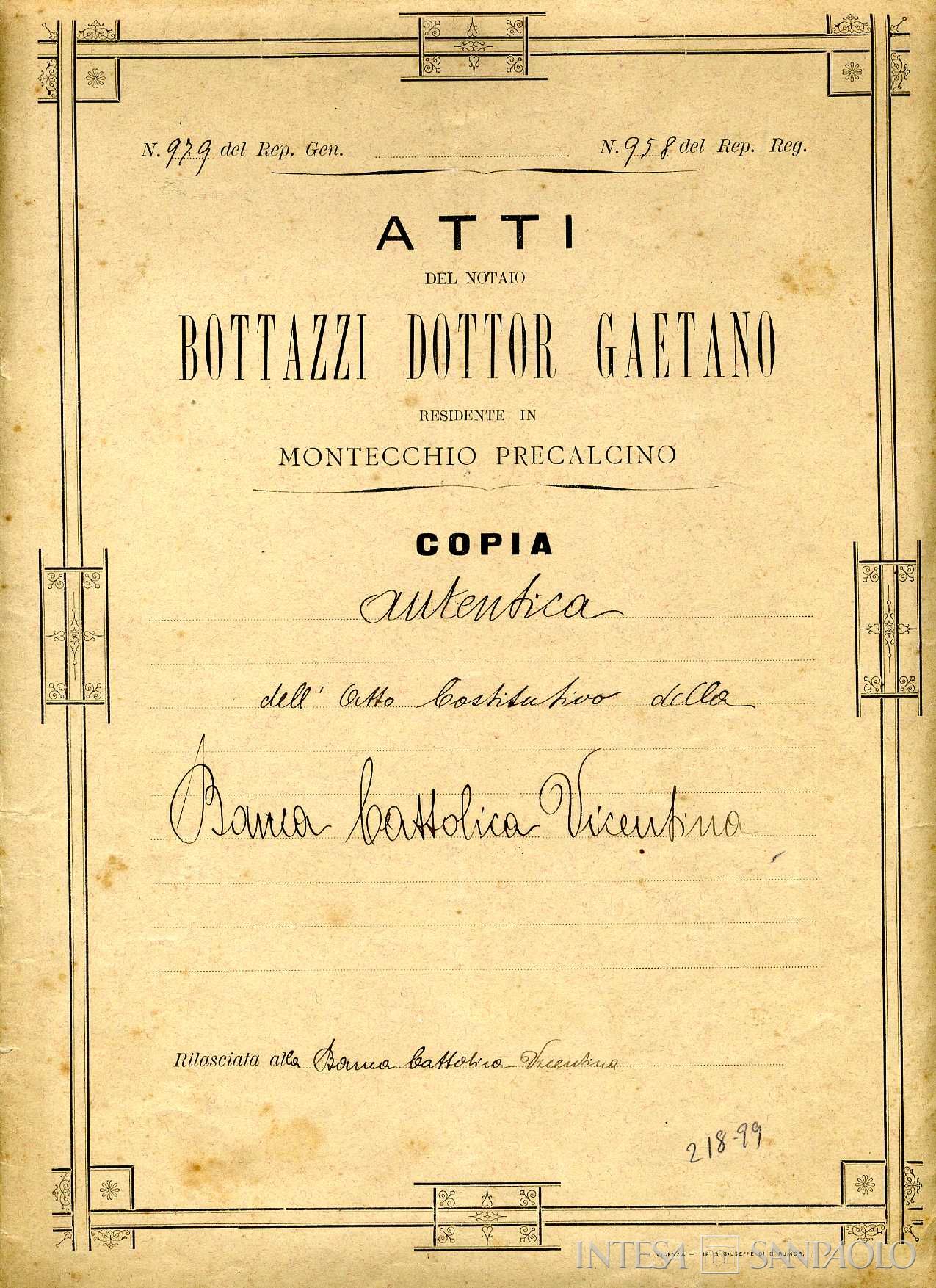 Banca Cattolica Vicentina, copertina dell'atto costitutivo, 1892