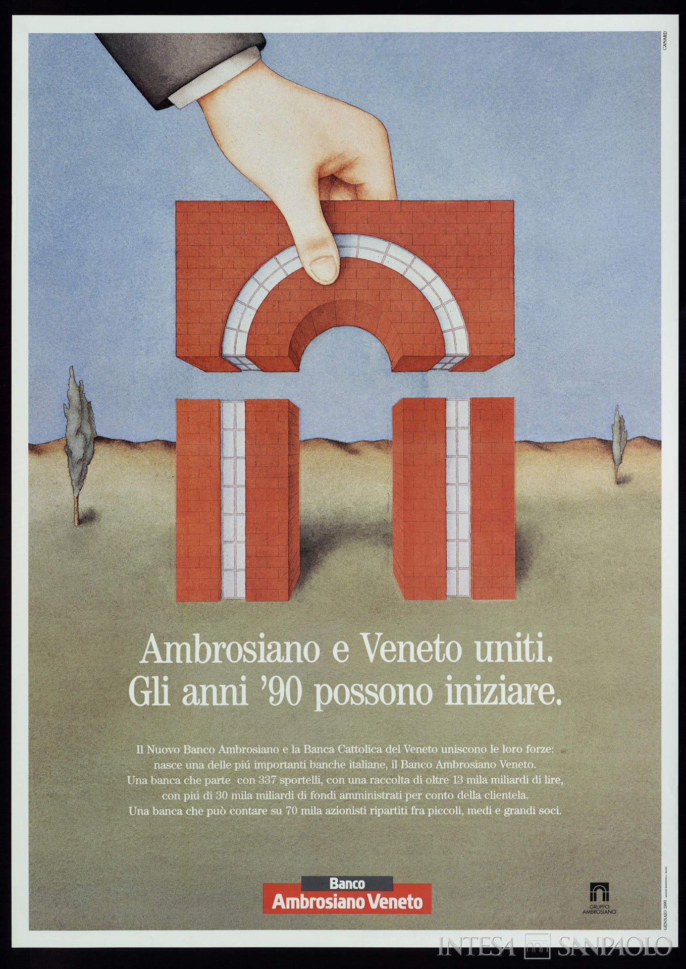 Banco Ambrosiano Veneto, manifesto pubblicitario sulla fusione tra Nuovo Banco Ambrosiano e Banca Cattolica del Veneto, 1990 (illustrazione di Canard)