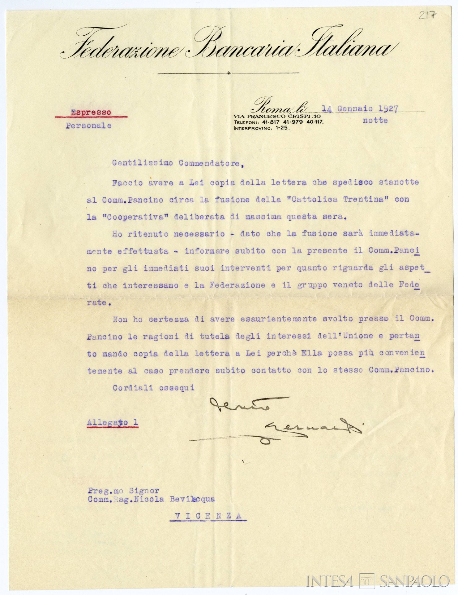 Banca Cattolica di Trento, corrispondenza fra l'avvocato Bernardi della Federazione Bancaria Italiana e Nicola Bevilacqua, amministratore delegato della Banca Cattolica Vicentina, relativa all'imminente fusione tra l'istituto e la Banca Cooperativa di Trento, 14 gennaio 1927