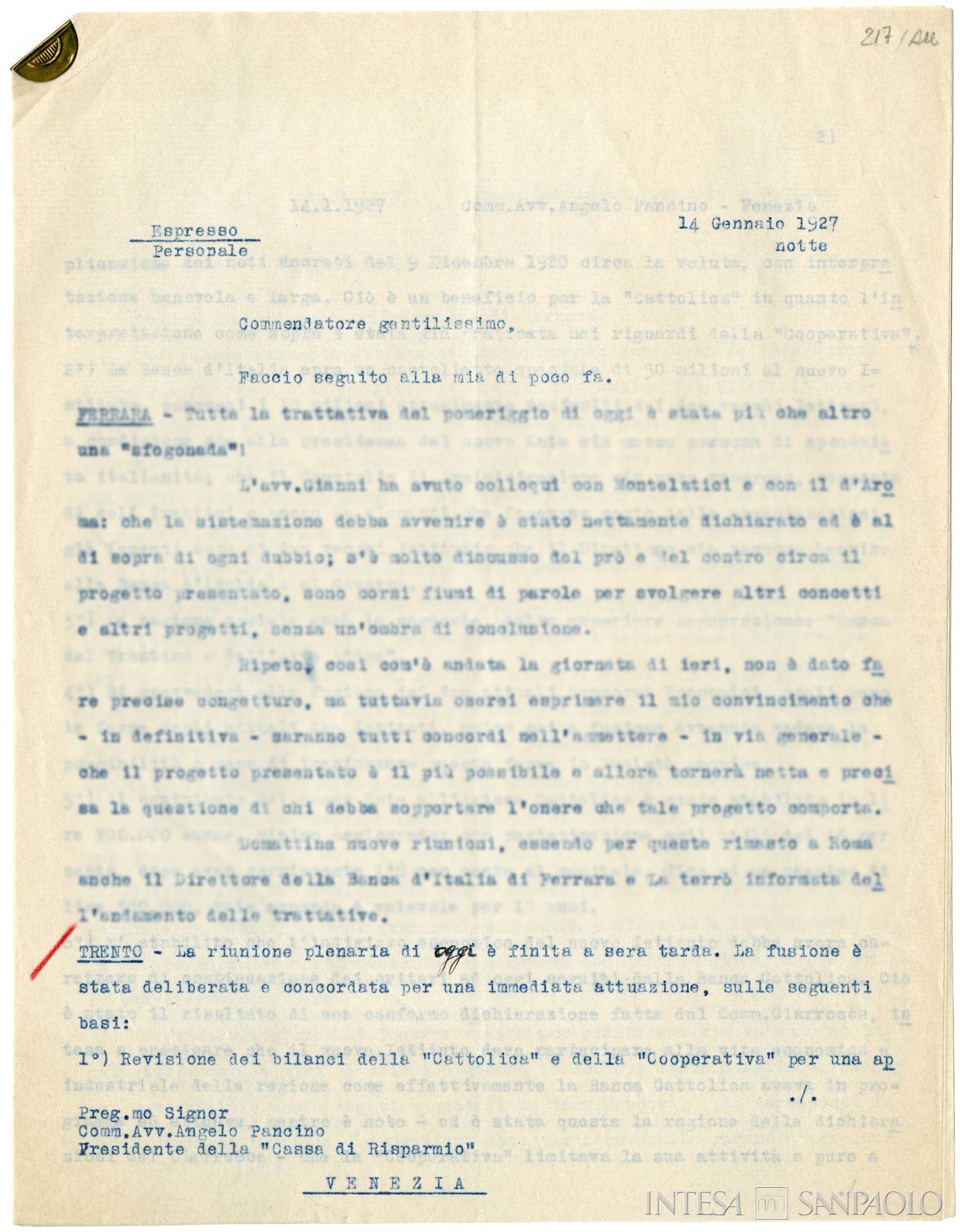 Banca Cooperativa di Trento, corrispondenza fra l'avvocato Bernardi della Federazione Bancaria Italiana e Angelo Pancino, presidente della Cassa di Risparmio di Venezia, relativa alla fusione fra l'istituto e la Banca Cattolica di Trento, 14 gennaio 1927