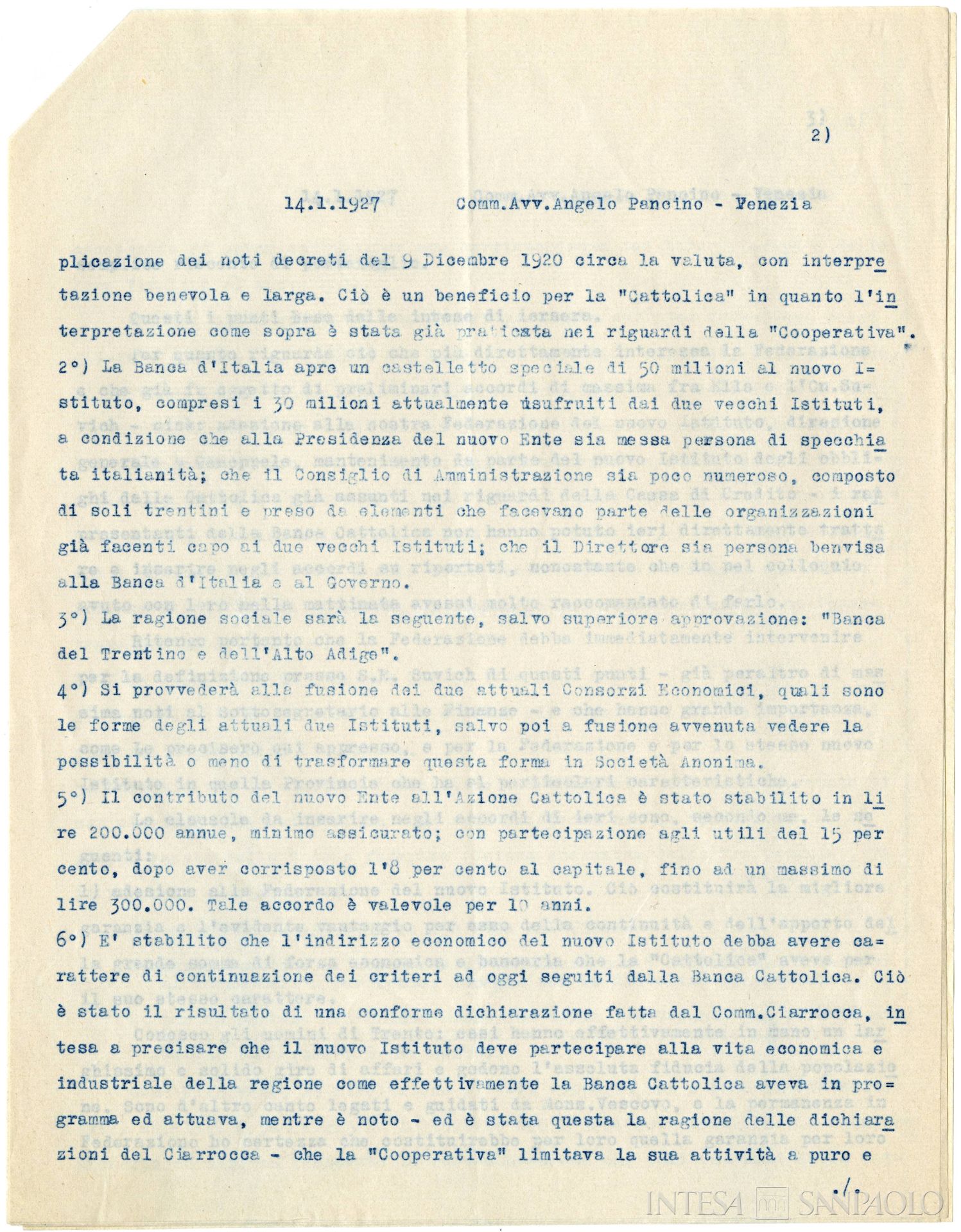 Banca Cooperativa di Trento, corrispondenza fra l'avvocato Bernardi della Federazione Bancaria Italiana e Angelo Pancino, presidente della Cassa di Risparmio di Venezia, relativa alla fusione fra l'istituto e la Banca Cattolica di Trento e alla formazione della Banca del Trentino e dell'Alto Adige, 14 gennaio 1927