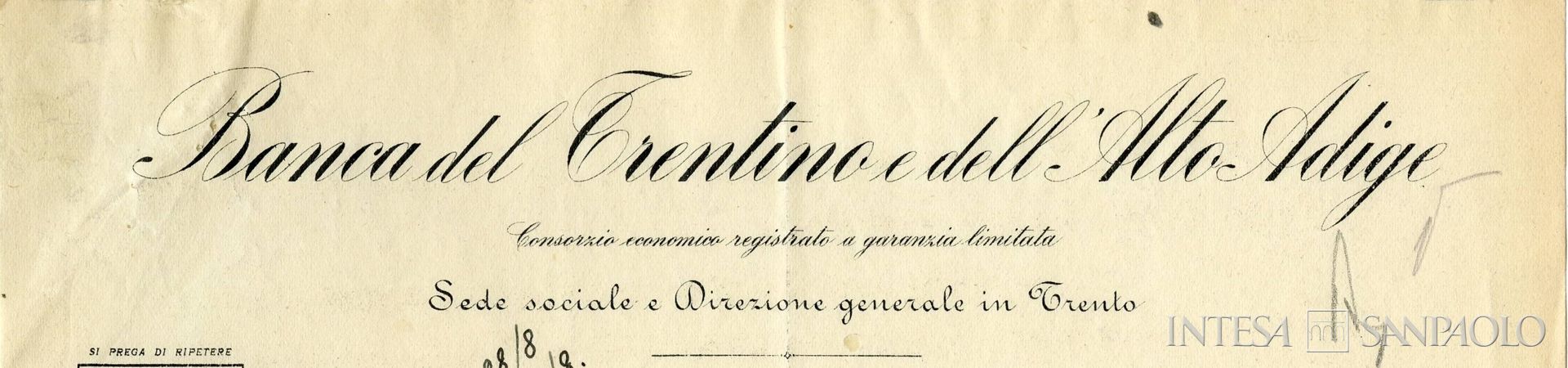 Banca del Trentino e dell'Alto Adige, dettaglio di una lettera di corrispondenza dell'istituto con la Banca Commerciale Italiana, 27 agosto 1931