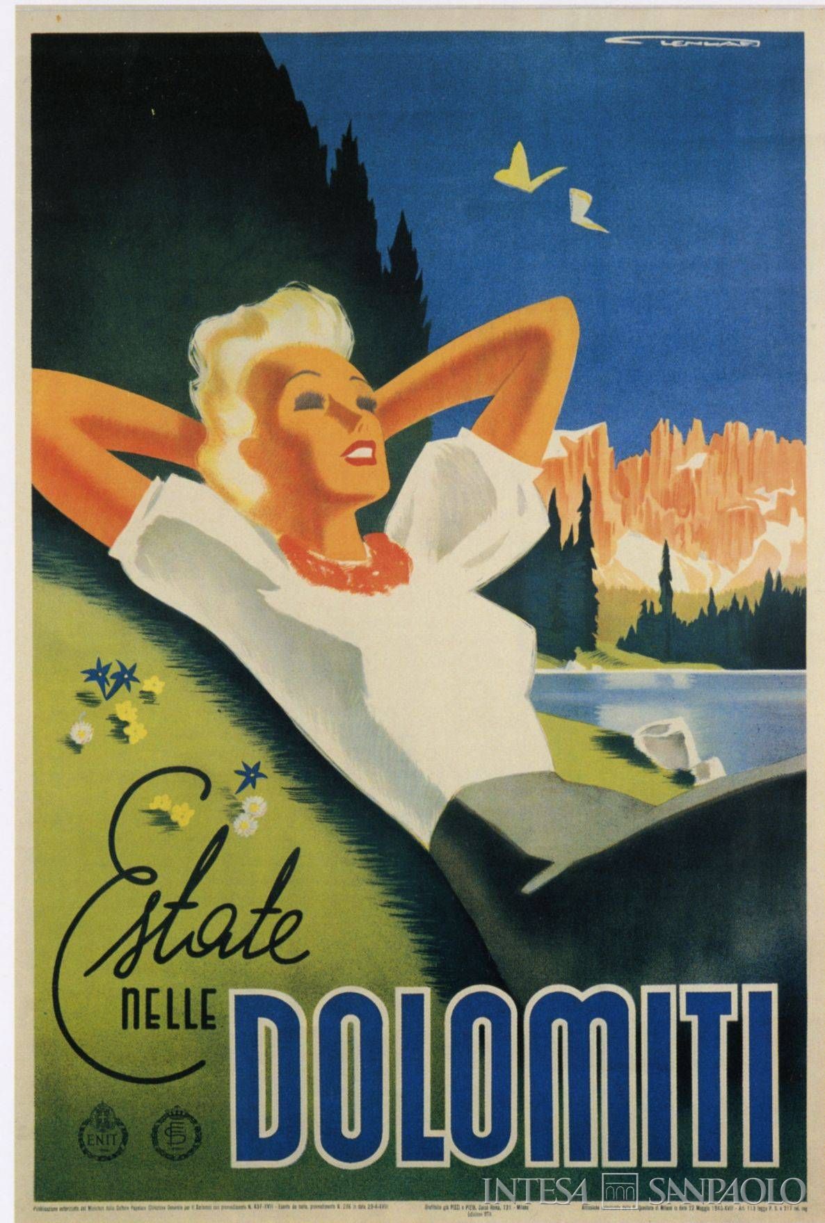 Banca di Trento e Bolzano, manifesto Estate nelle Dolomiti, 1940 (illustrazione di Franz Lenhart)