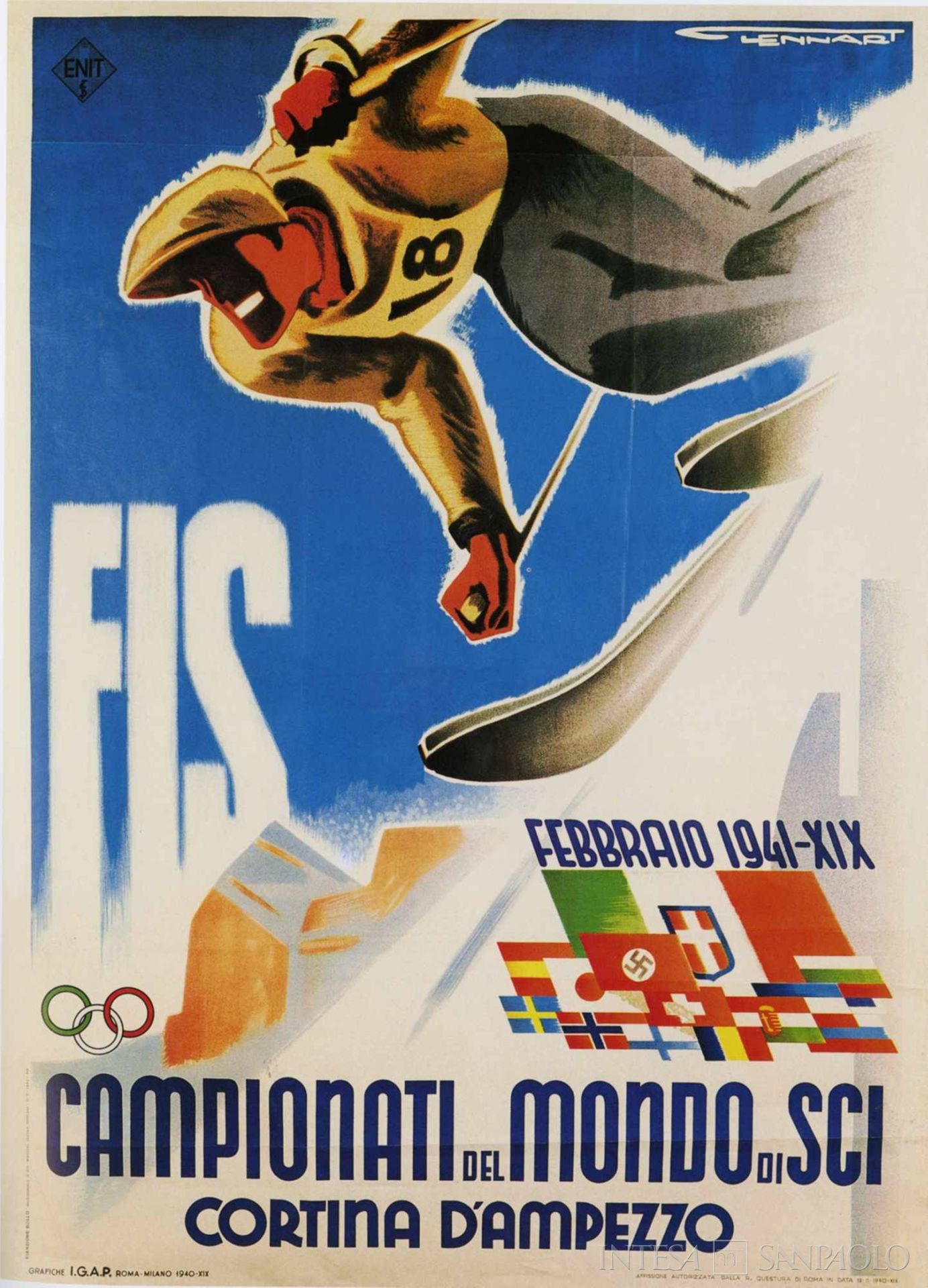 Banca di Trento e Bolzano, manifesto Campionati del Mondi di sci Cortina d'Ampezzo,1940 (illustrazione di Franz Lenhart)