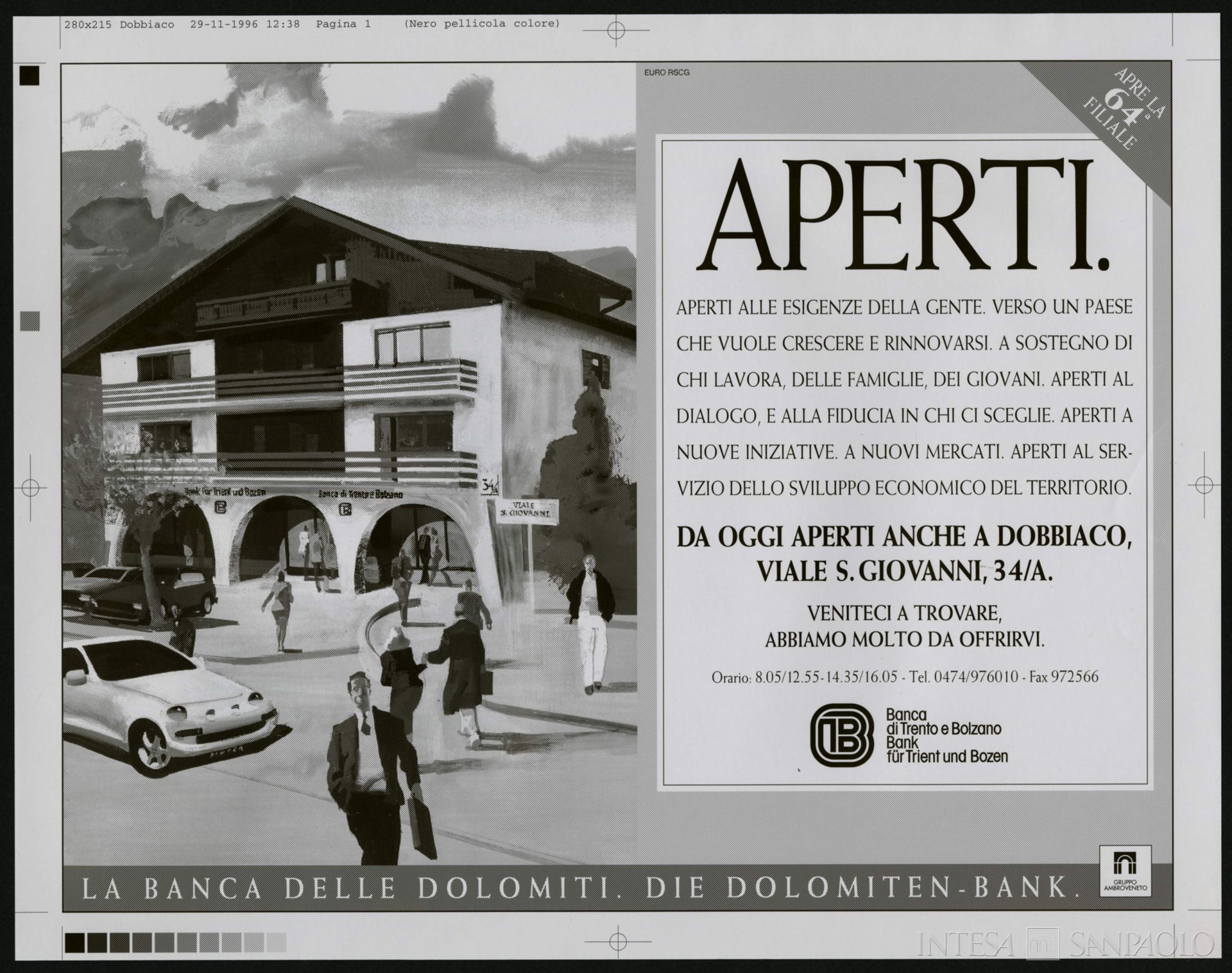 Banca di Trento e Bolzano, manifesto pubblicitario per l'apertura della filiale di Dobbiaco, 1996 (illustrazione di Ferenc Pintér)