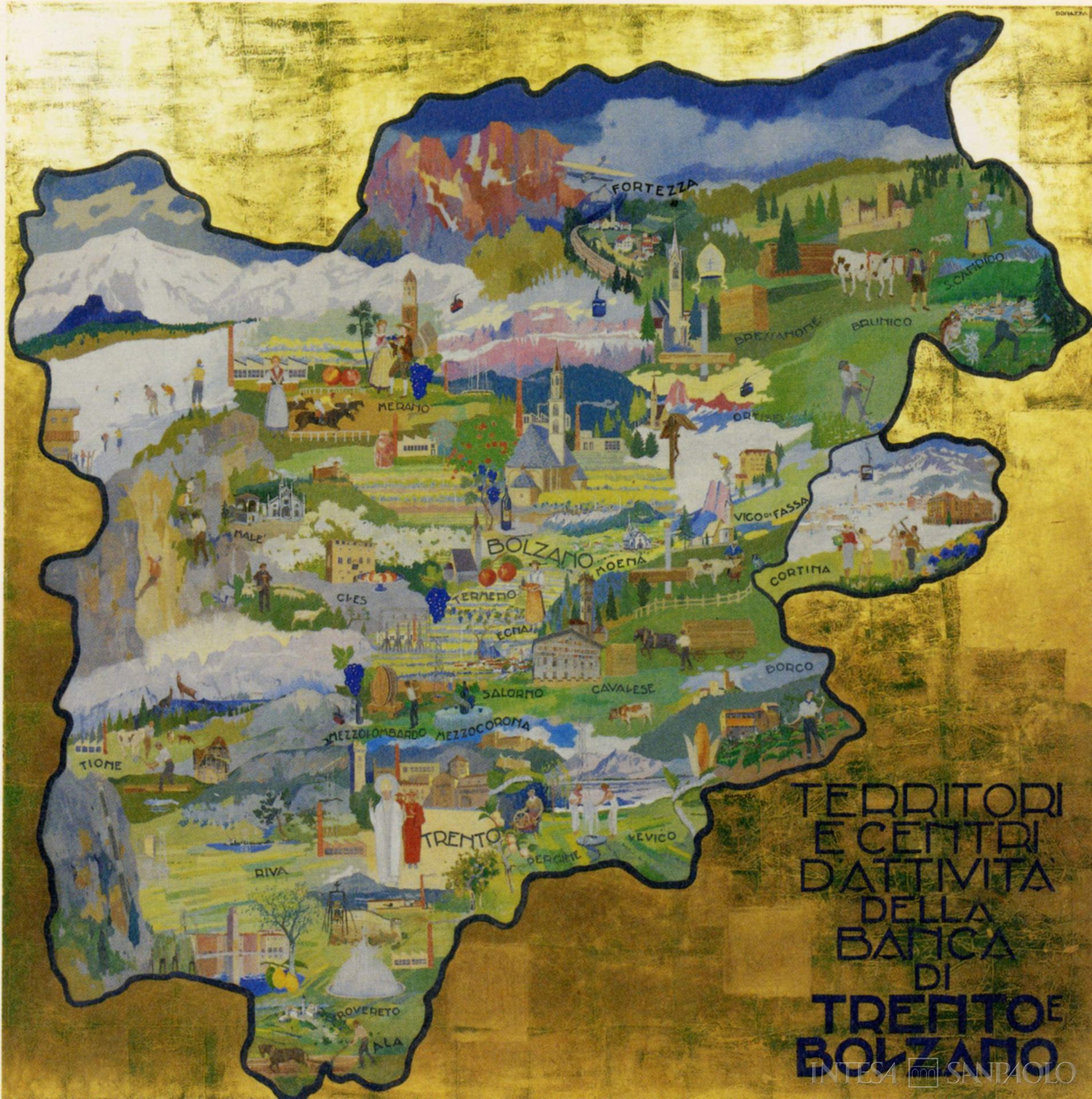 Banca di Trento e Bolzano, territori e Centri di attività della Banca di Trento e Bolzano (1956-1962), olio su cartone di Luigi Bonazza, collezione d'Arte BTB
