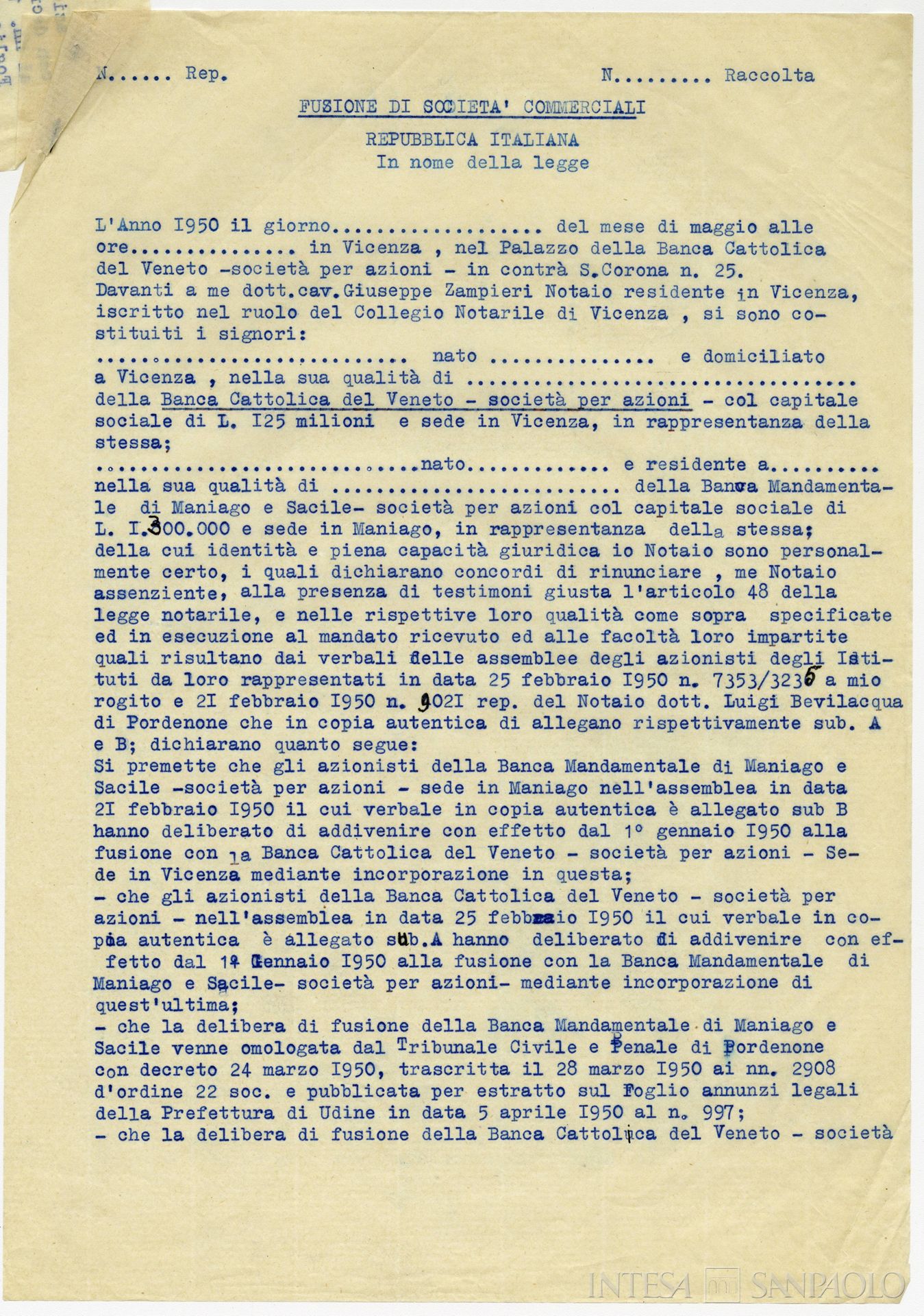 Banca Mandamentale di Maniago e Sacile, copia dell'atto di fusione fra l'istituto e la Banca Cattolica del Veneto, 1950