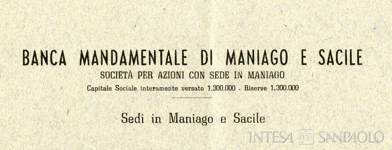 Banca Mandamentale di Maniago e Sacile, dettaglio del frontespizio del bilancio 1948