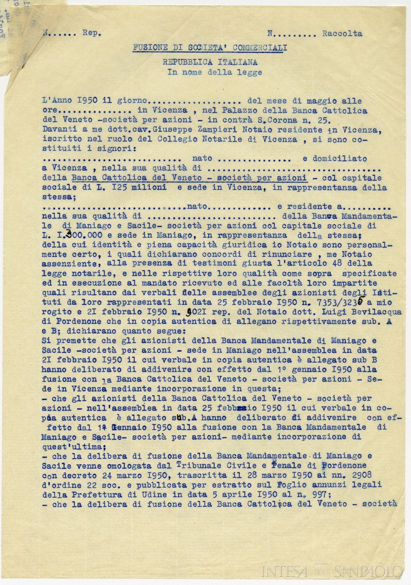 Banca Mandamentale di Maniago e Sacile, bozza per l'atto di fusione con la Banca Cattolica del Veneto, 1950