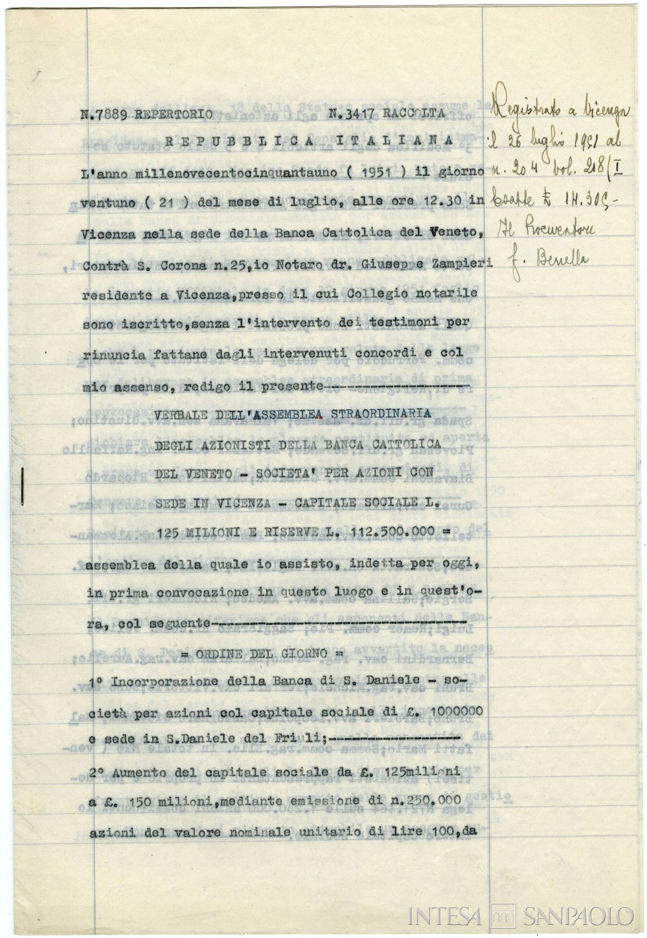 Banca di San Daniele, pagina estratta dal Verbale del Consiglio di Amministrazione della Banca Cattolica del Veneto dove si delibera l'incorporazione dell'istituto, 21 luglio 1951