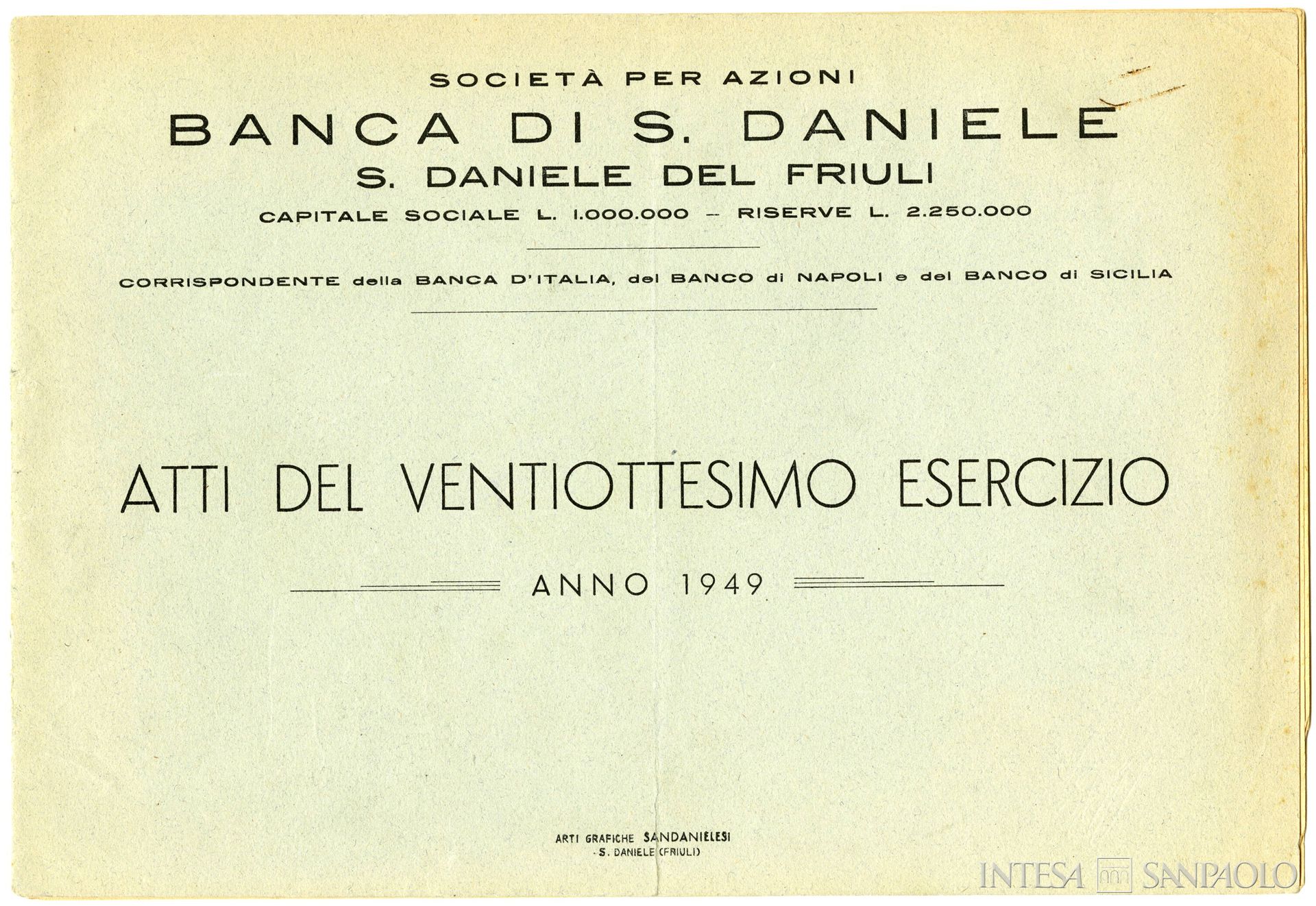 Banca di San Daniele, frontespizio degli atti d'esercizio, 1949