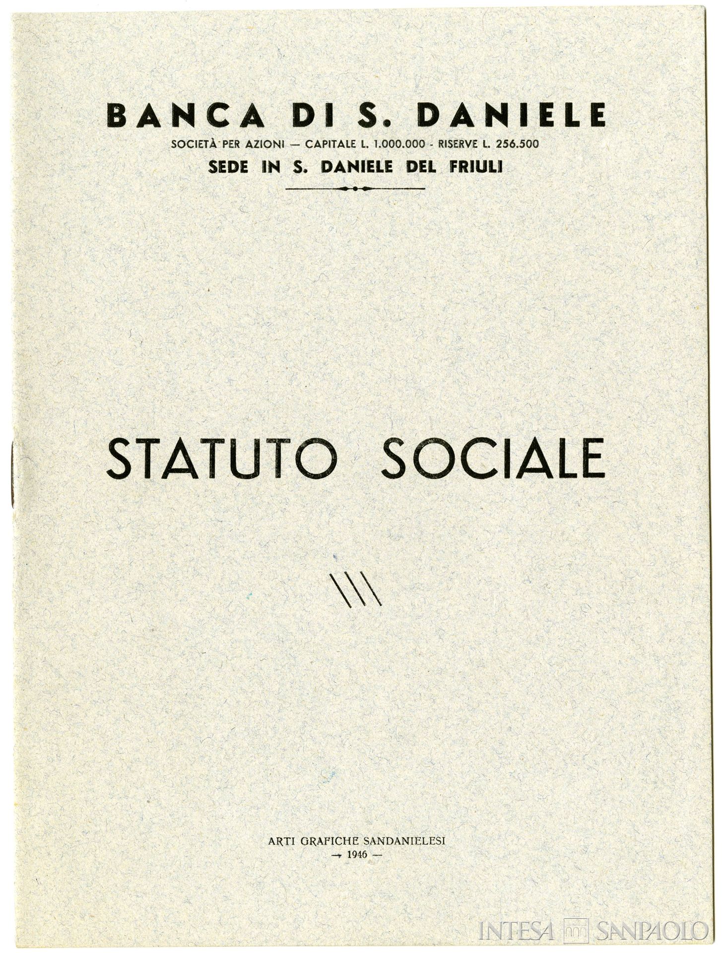Banca di San Daniele, frontespizio dello statuto, 1946