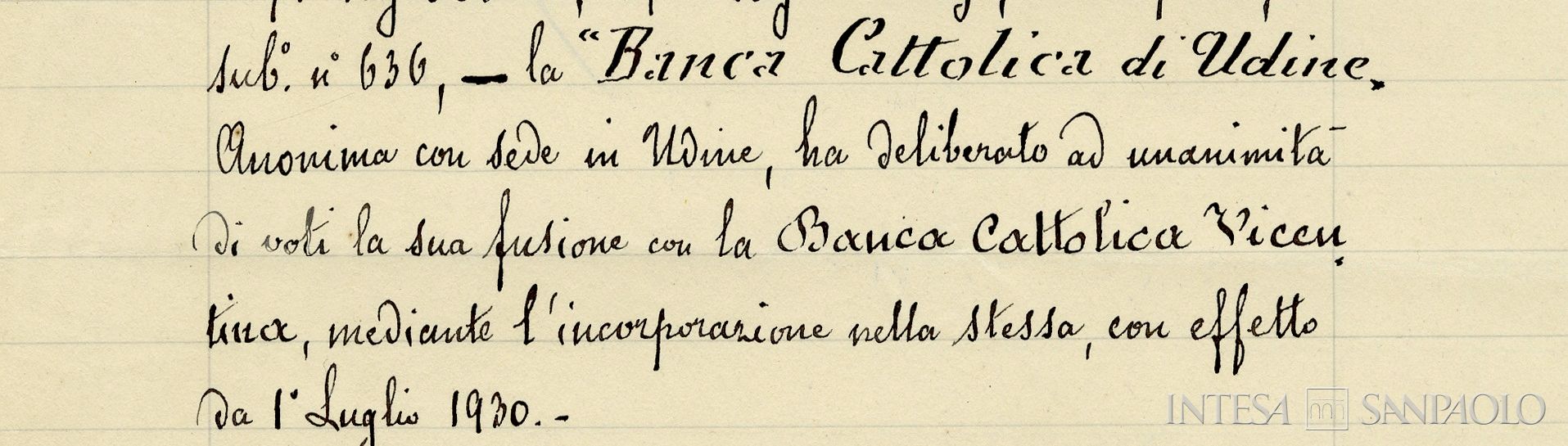 Banca Cattolica di Udine, dettaglio del documento redatto dalla cancelleria del tribunale di Udine che certifica la verbalizzazione della fusione dell'istituto con la Banca Cattolica Vicentina, 7 ottobre 1930