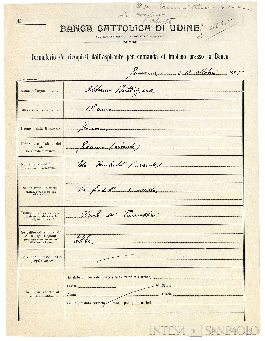 Banca Cattolica di Udine, domanda di impiego, 1926