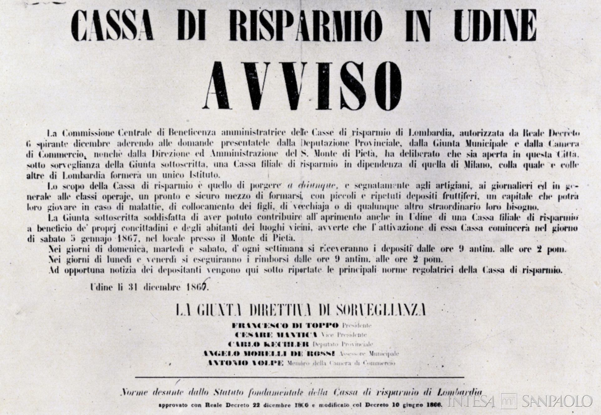 Cassa di Risparmio di Udine e Pordenone, avviso di apertura della Cassa di Risparmio di Udine, documento datato 31 dicembre 1866 tratto da Un palazzo vivo, 1968