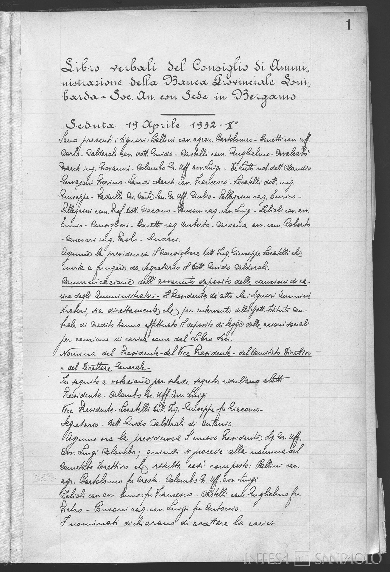 Banco Sant'Alessandro, pagina estratta dal primo Verbale del Consiglio di Amministrazione della Banca Provinciale Lombarda nata dalla fusione dell'istituto con il Banco San Siro, il Credito Pavese, il Piccolo Credito Sant'Alberto e il Piccolo Credito del Basso Lodigiano, 19 aprile 1932