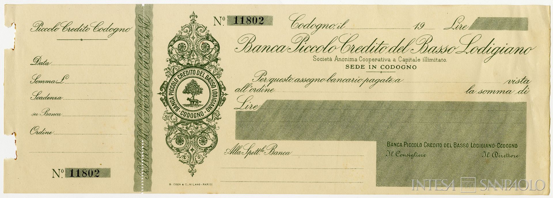 Banca Piccolo Credito del Basso Lodigiano, assegno bancario, anni Venti