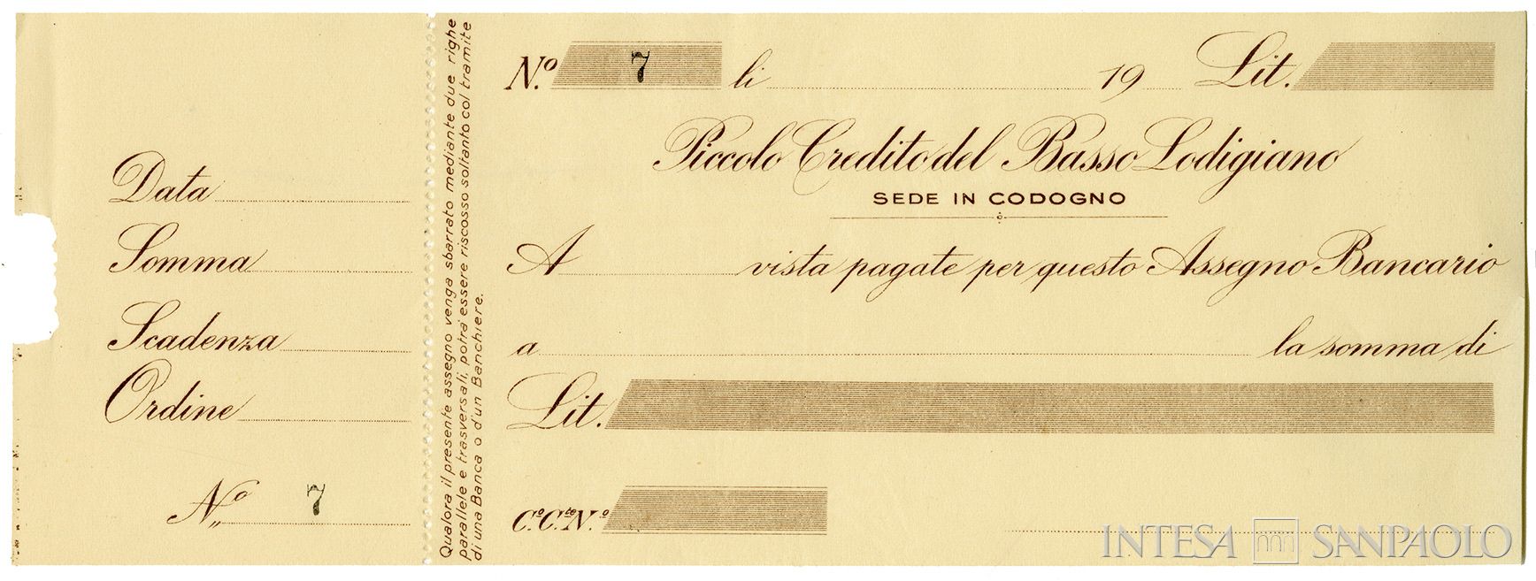 Banca Piccolo Credito del Basso Lodigiano, assegno bancario, anni Venti
