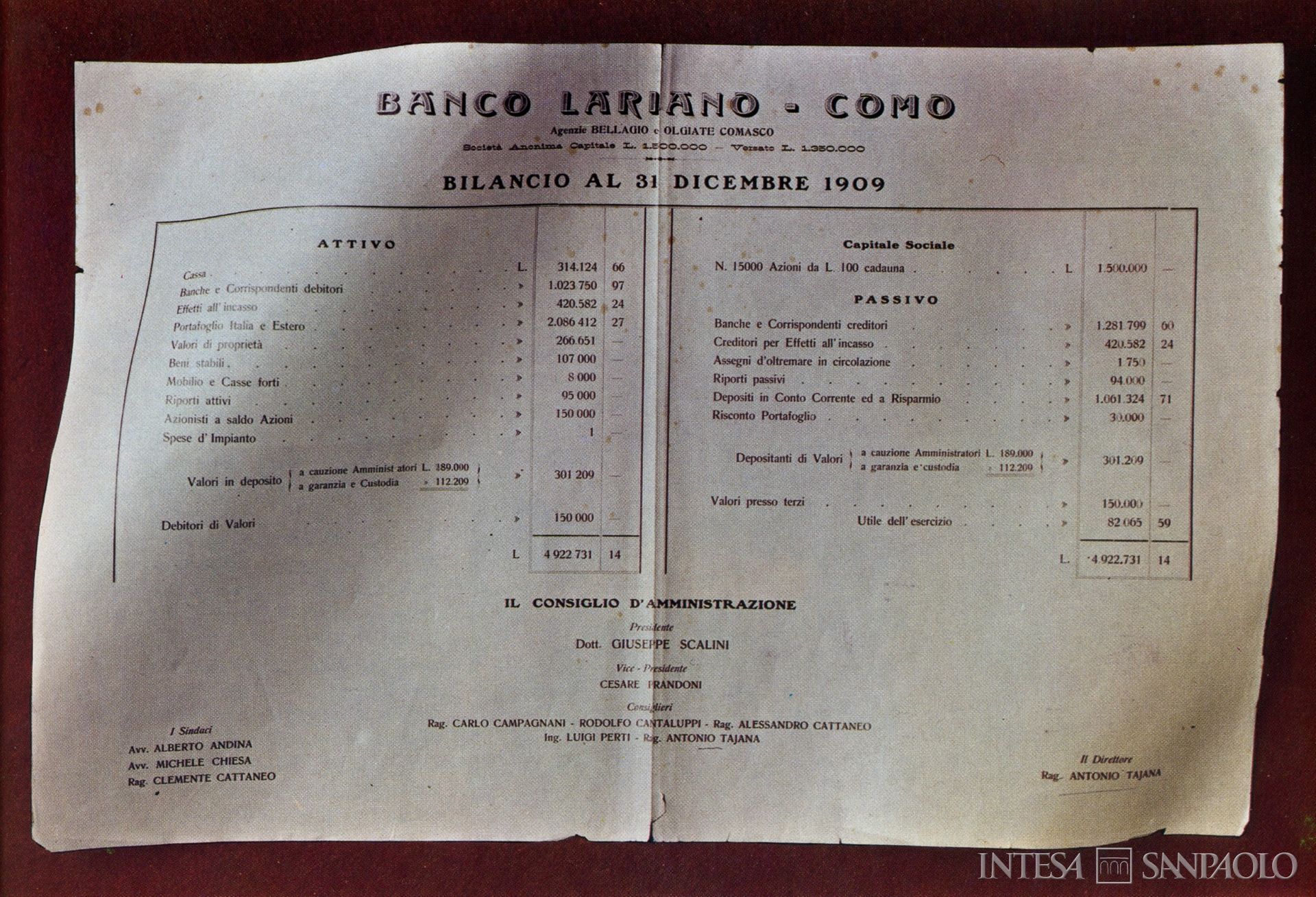 Banco Lariano, bilancio al 31 dicembre 1909, tratto da un opuscolo informativo edito dall'istituto, 1975