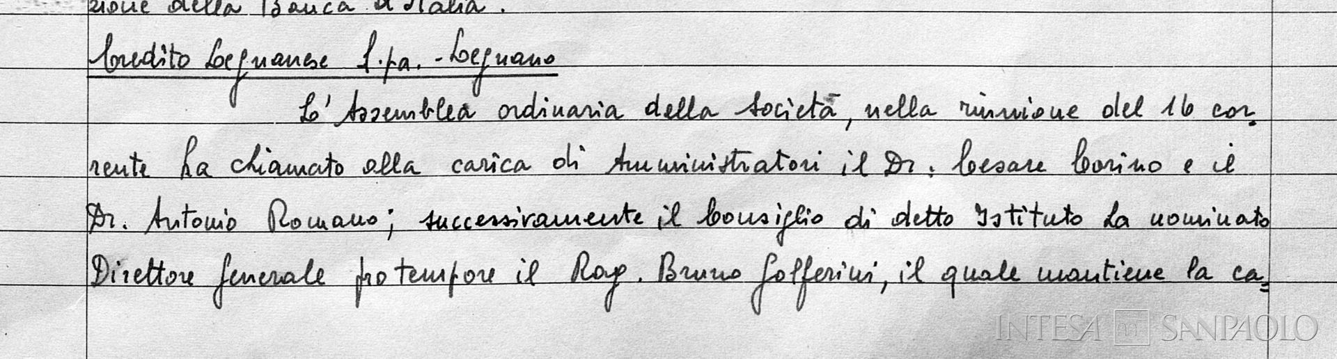 Credito Legnanese, particolare di una pagina estratta dai Verbali del Consiglio di Amministrazione del Banco Lariano nelle quali, alla voce Partecipazioni, si delibera di attribuire alcune importanti cariche dell'istituto a Direttori e Dirigenti del Banco Lariano, 19 aprile 1975