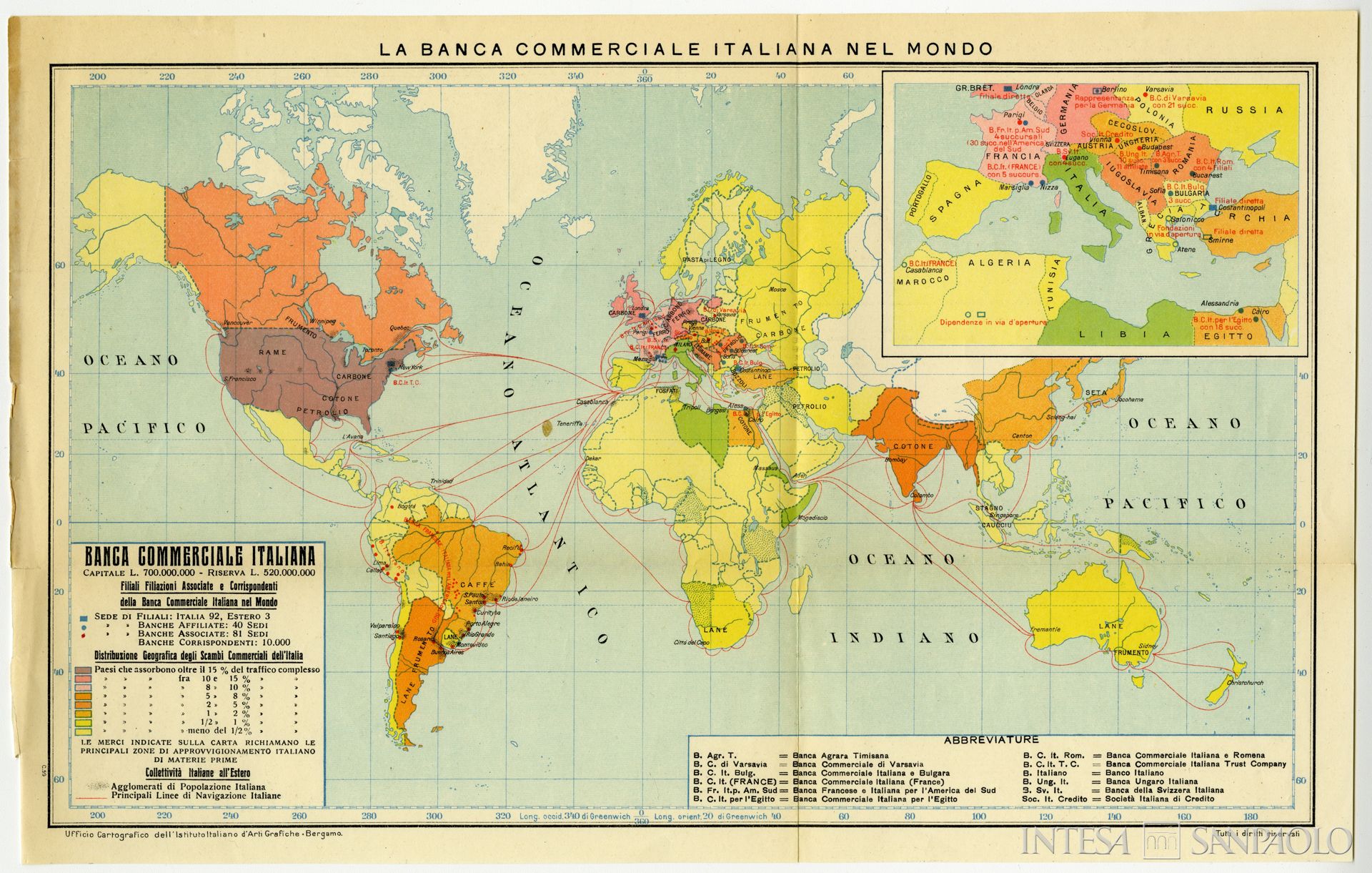 Banca Commerciale Italiana, illustrazione sulla presenza dell'Istituto nel mondo, 1928