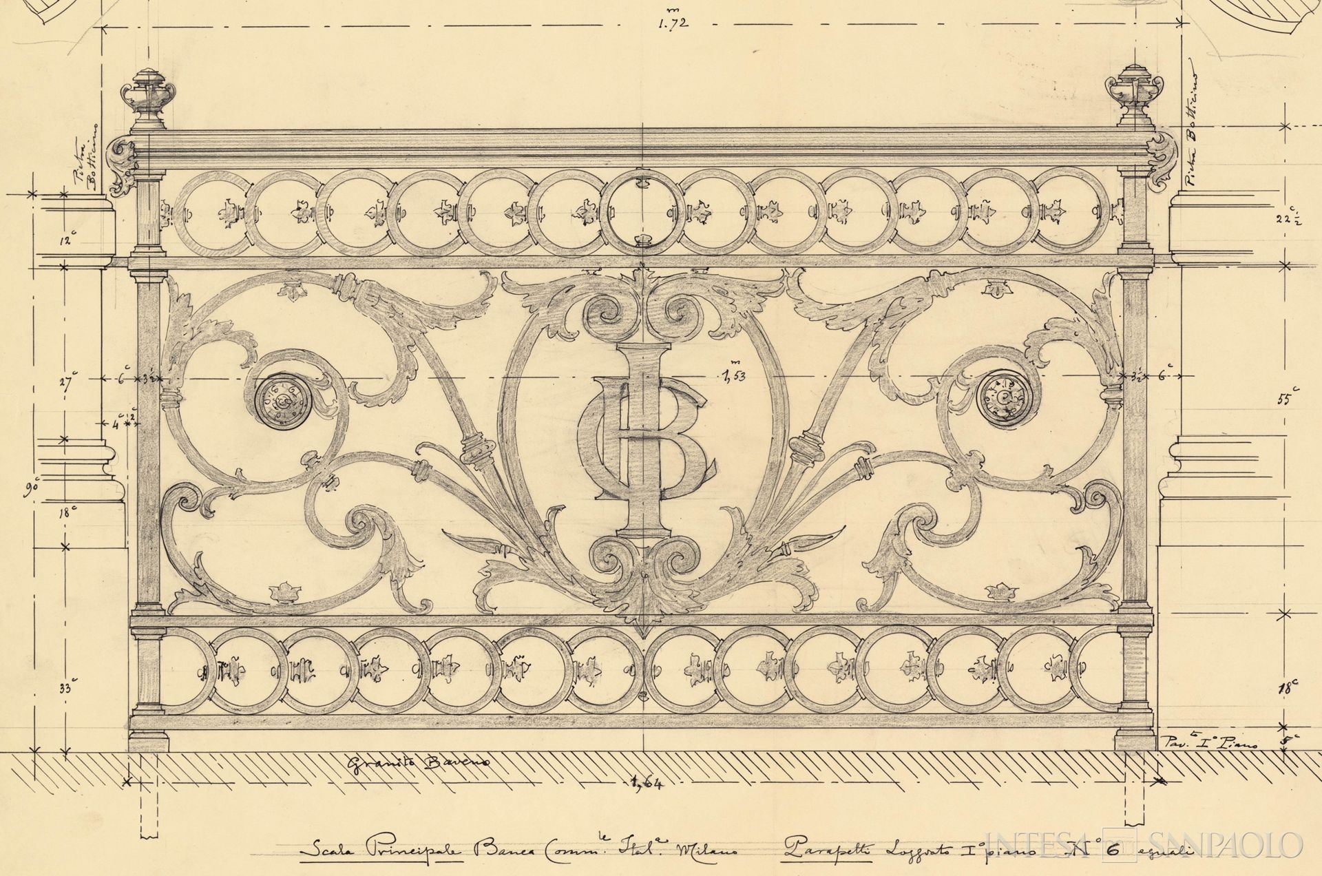 Banca Commerciale Italiana, Milano, Palazzo Beltrami, progetto di Luca Beltrami per il parapetto dello scalone principale, 1909