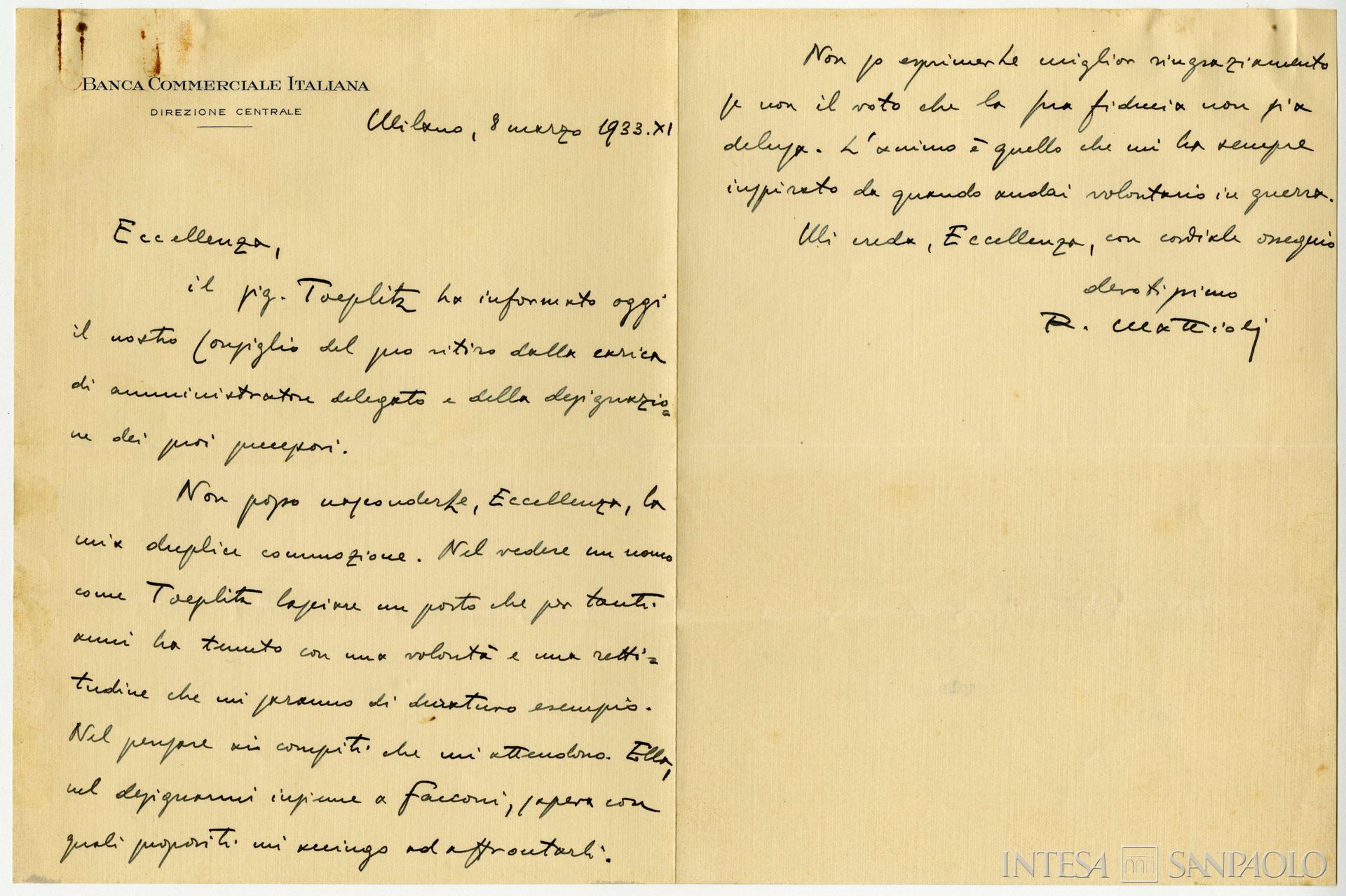 Banca Commerciale Italiana, lettera di Raffaele Mattioli a Guido Jung in seguito al ritiro di Giuseppe Toeplitz alla guida dell'Istituto, 1933
