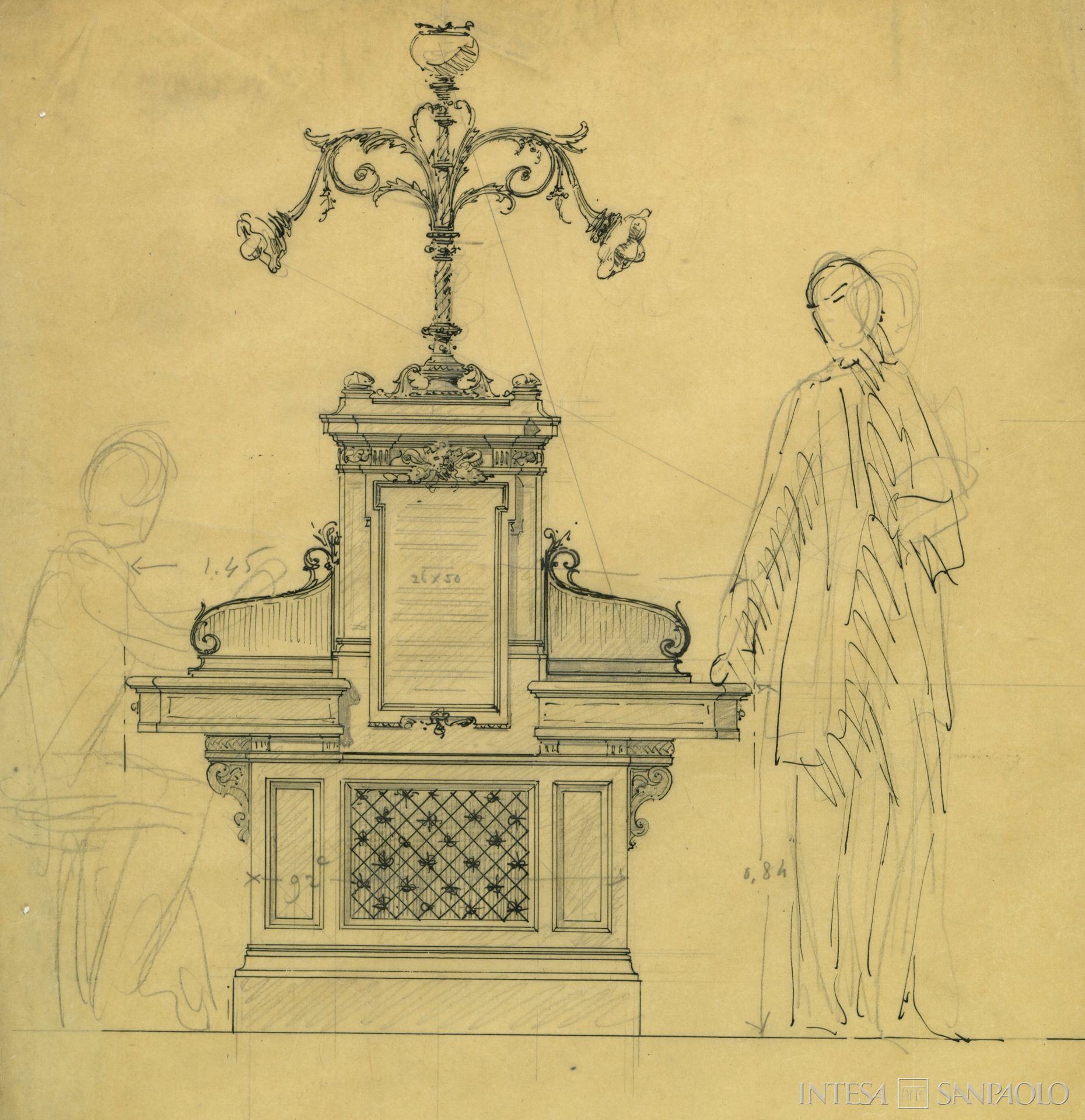 Banca Commerciale Italiana, Milano, Palazzo Beltrami, progetto di Luca Beltrami per i mobili scrittoi del salone principale della sede di piazza della Scala, s.d. [1906-1910]