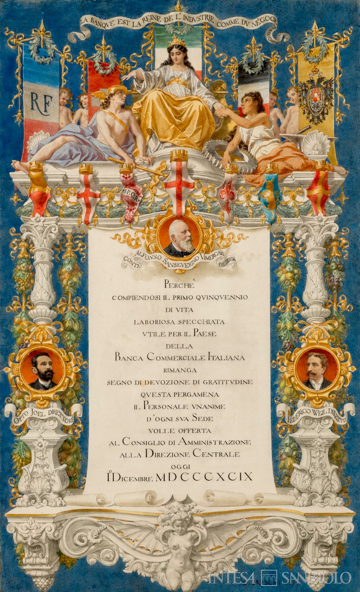 Banca Commerciale Italiana, attestato di benemerenza conferito ai vertici dagli impiegati per il primo quinquennio di attività, 1899 (illustrazione di Domenico Bruschi)