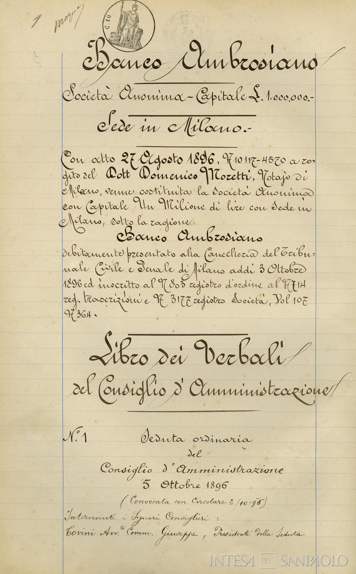 Banco Ambrosiano, estratto del primo verbale del Consiglio di Amministrazione, 5 ottobre 1896