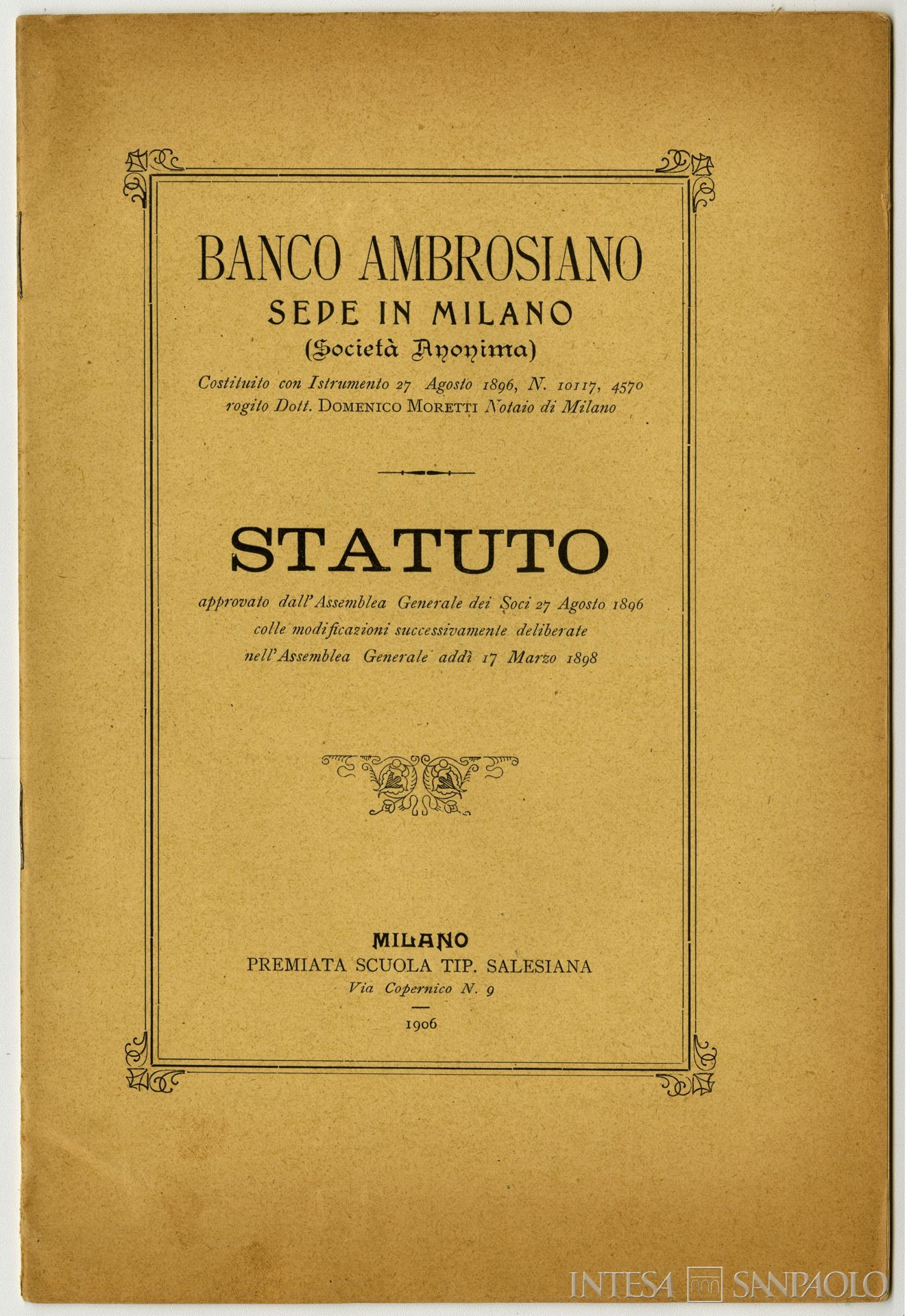 Banco Ambrosiano, frontespizio dello statuto, 1906