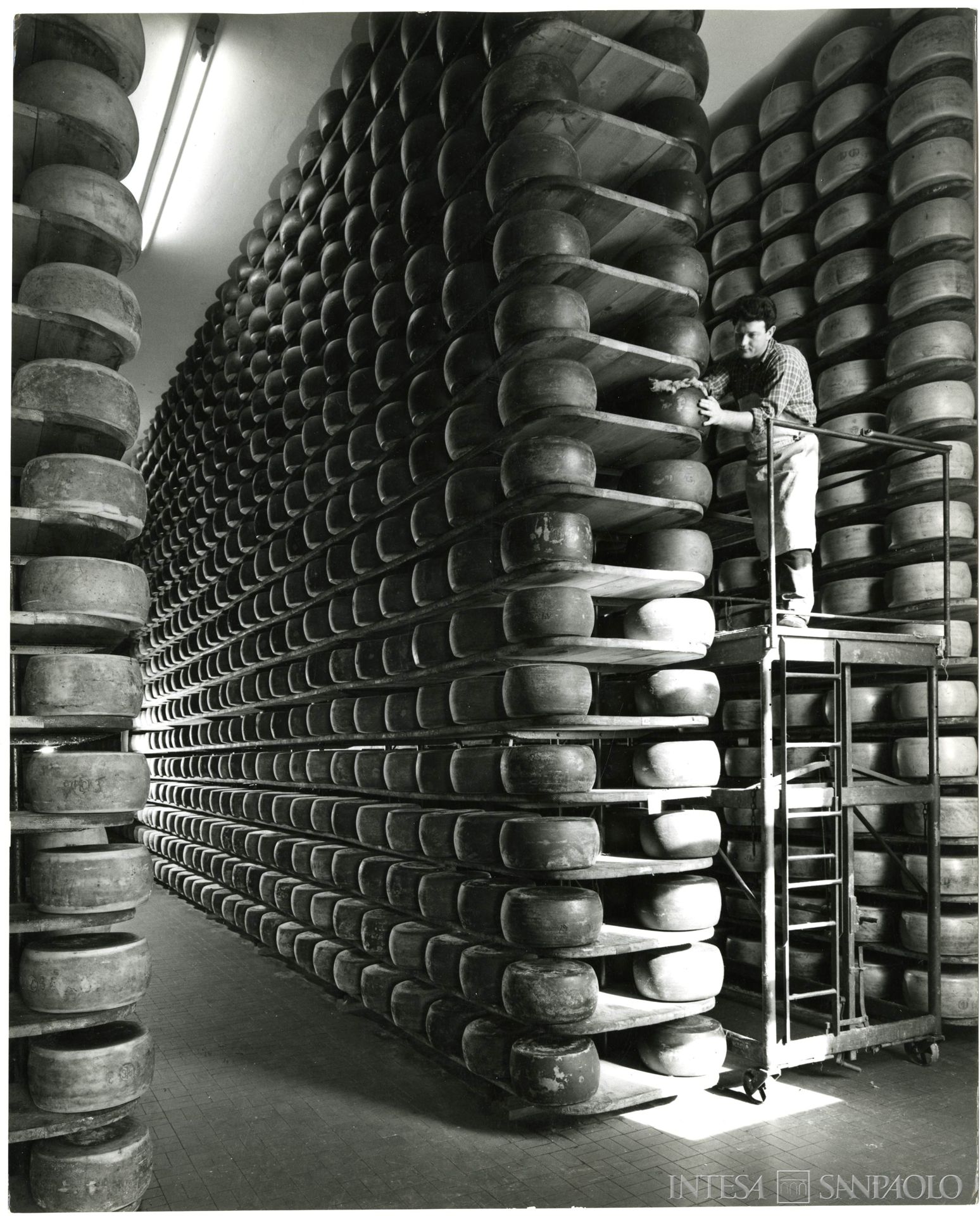 Cassa di Risparmio delle Provincie Lombarde, Magazzini Generali Fiduciari della Cariplo, Pavia, interno del magazzino per lo stoccaggio del formaggio, 1968 circa (fotografia di Publifoto)