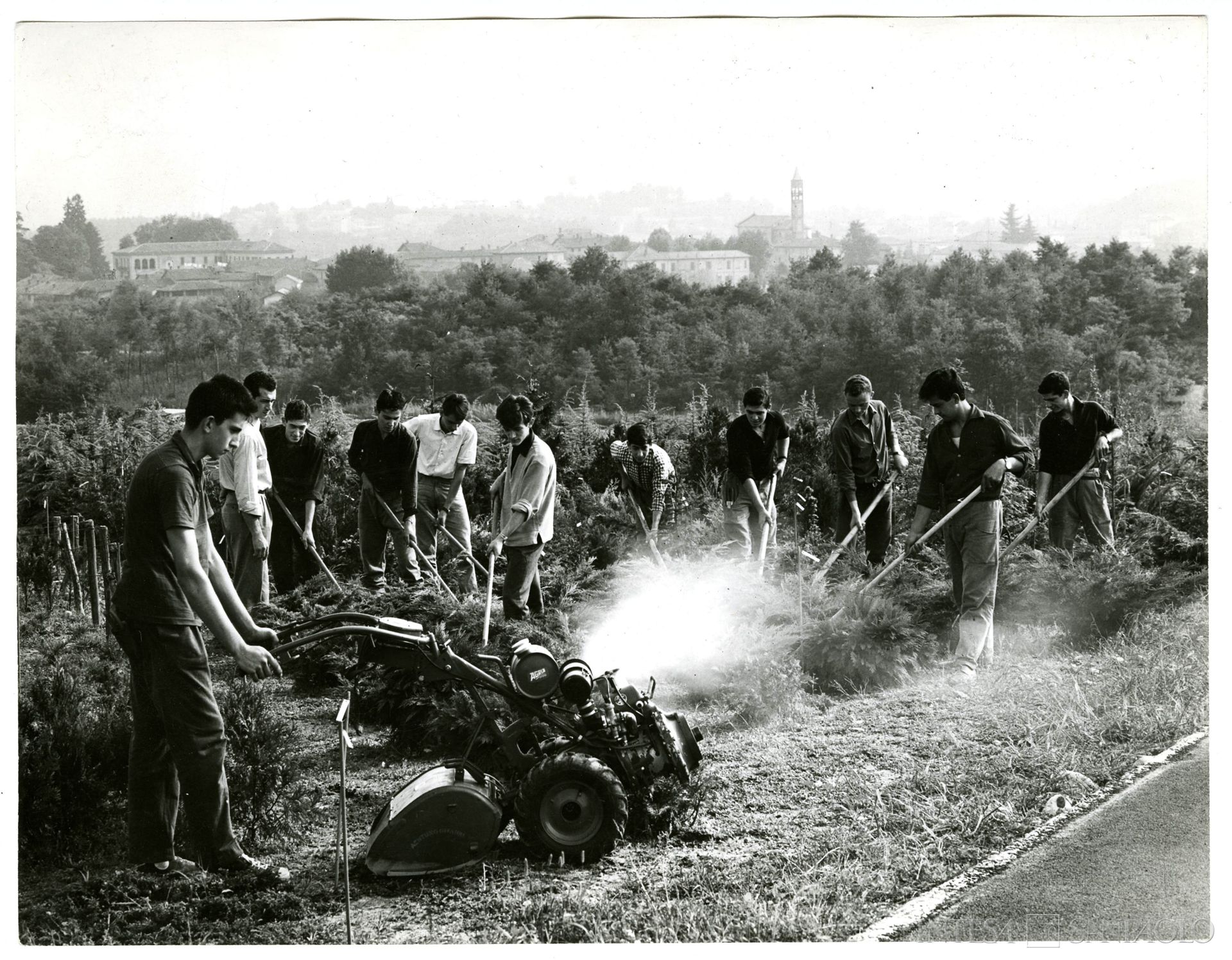 Cassa di Risparmio delle Provincie Lombarde, Centro Lombardo per l'incremento della floro-orto-frutticoltura di Vertemate con Minoprio, allievi al lavoro su uno dei mezzi agricoli, anni 1960 (fotografia di Elle2)