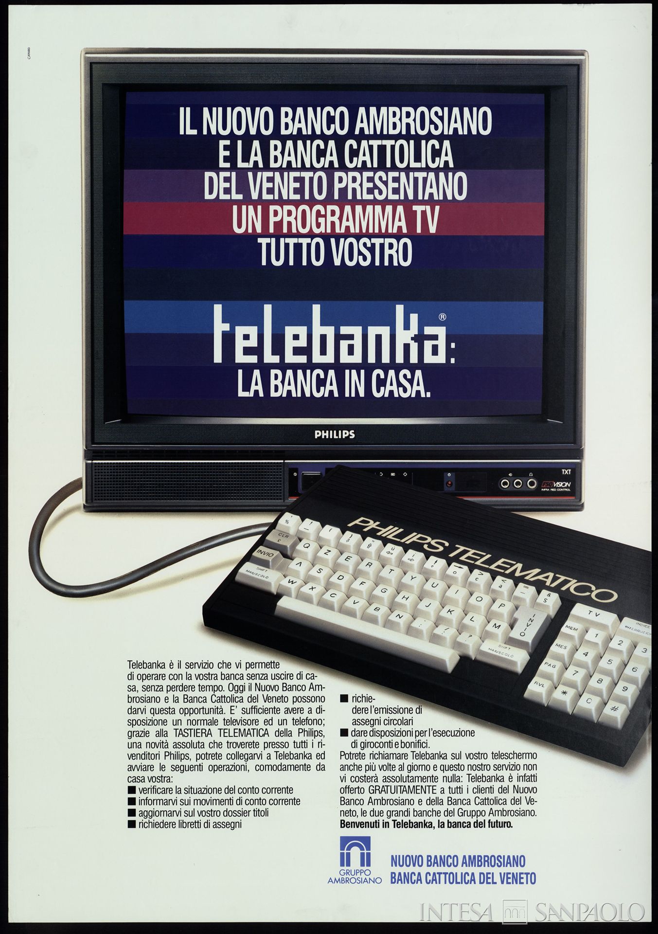 Gruppo Ambrosiano, manifesto pubblicitario del servizio Telebanka, offerto dal Nuovo Banco Ambrosiano e dalla Banca Cattolica del Veneto, 1989 (grafica di Canard)