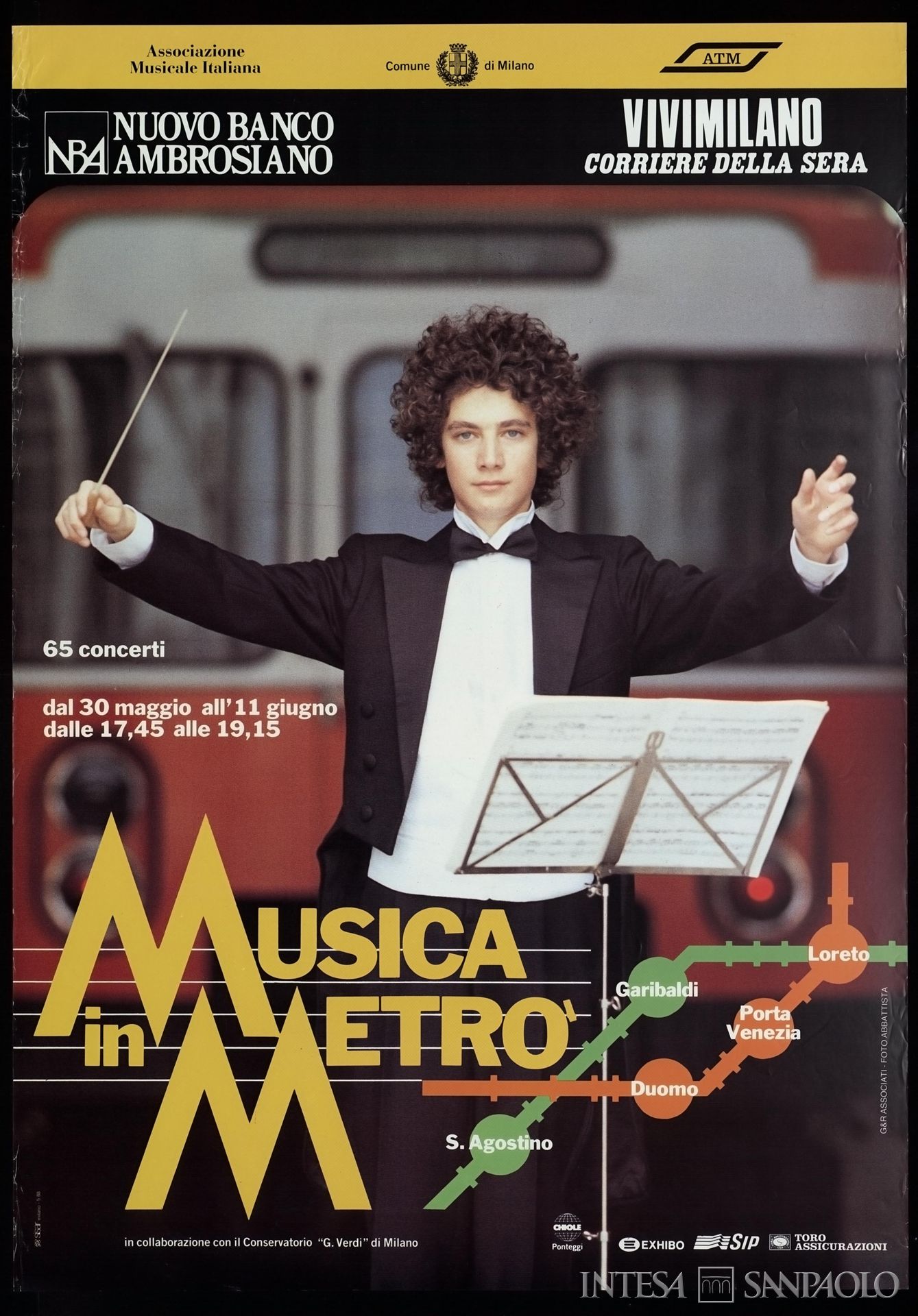 Nuovo Banco Ambrosiano, manifesto pubblicitario della rassegna di concerti Musica in Metrò, sponsorizzata dall'Istituto, 1988 (fotografia Abbattista, stampatore SISAR)