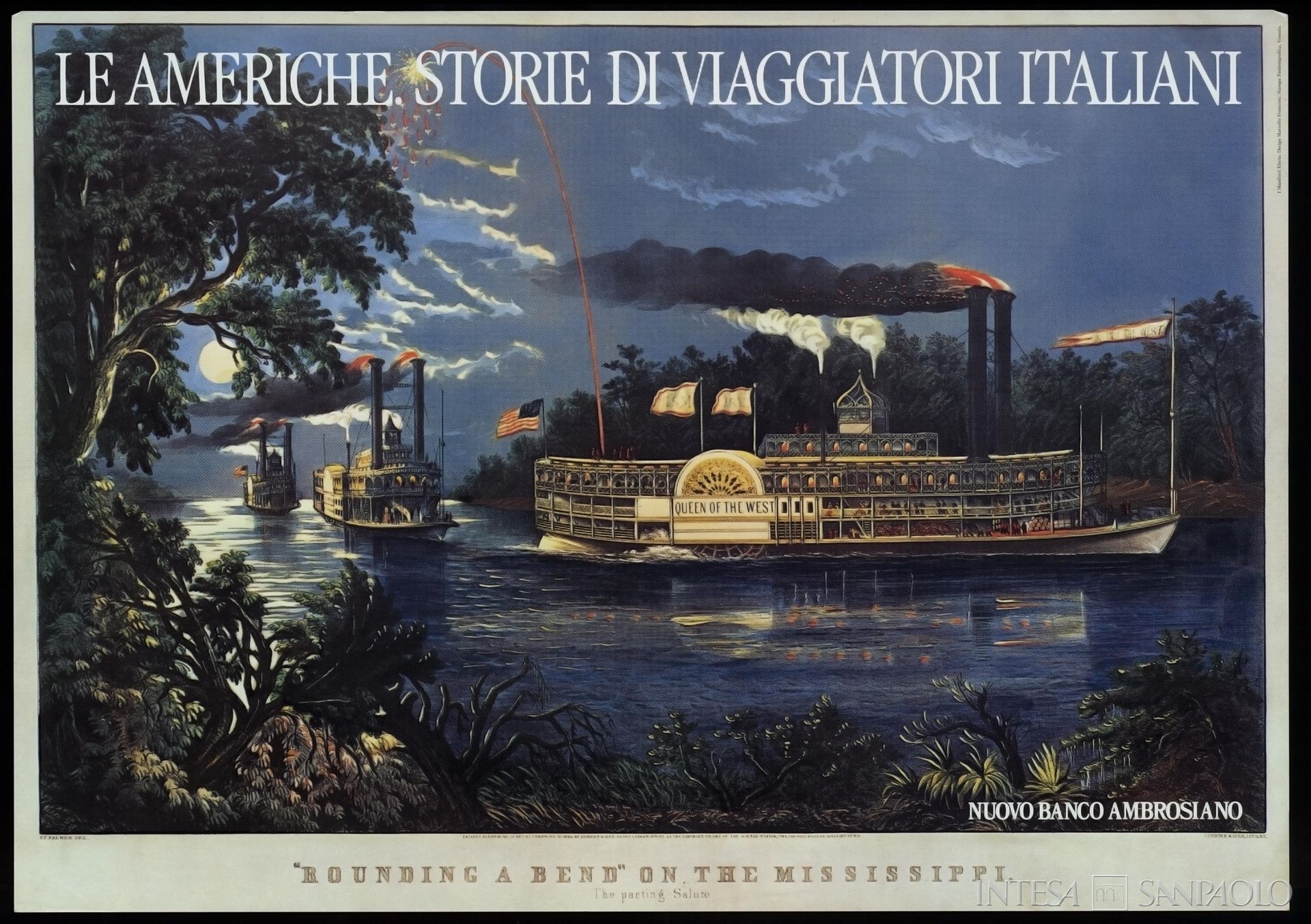 Nuovo Banco Ambrosiano, manifesto del volume Americhe. Storie di viaggiatori italiani, edito dal Nuovo Banco Ambrosiano, 1987